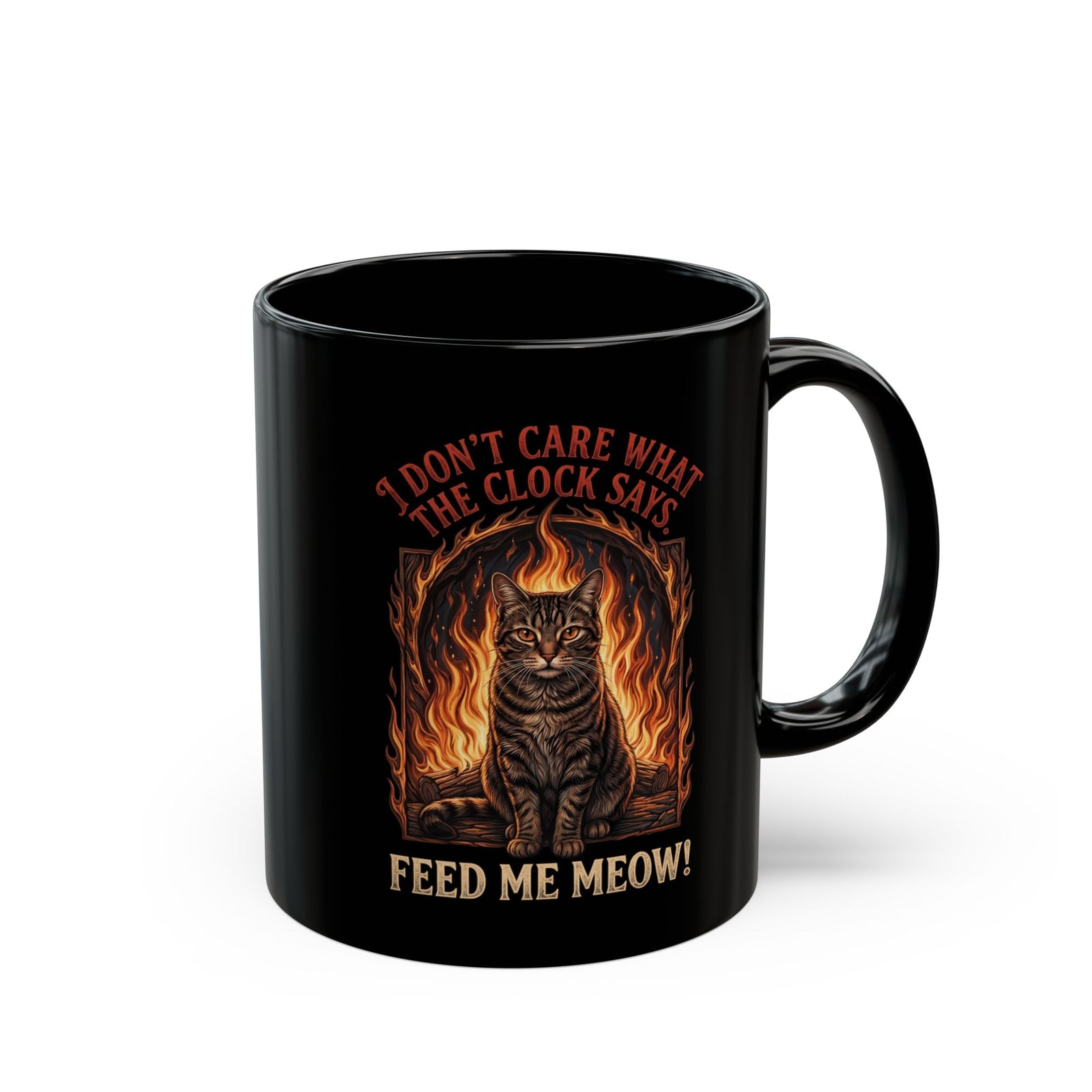 Feed Me Meow Black Mug — Funny Hungry Tabby Cat Fiery Graphic Mug