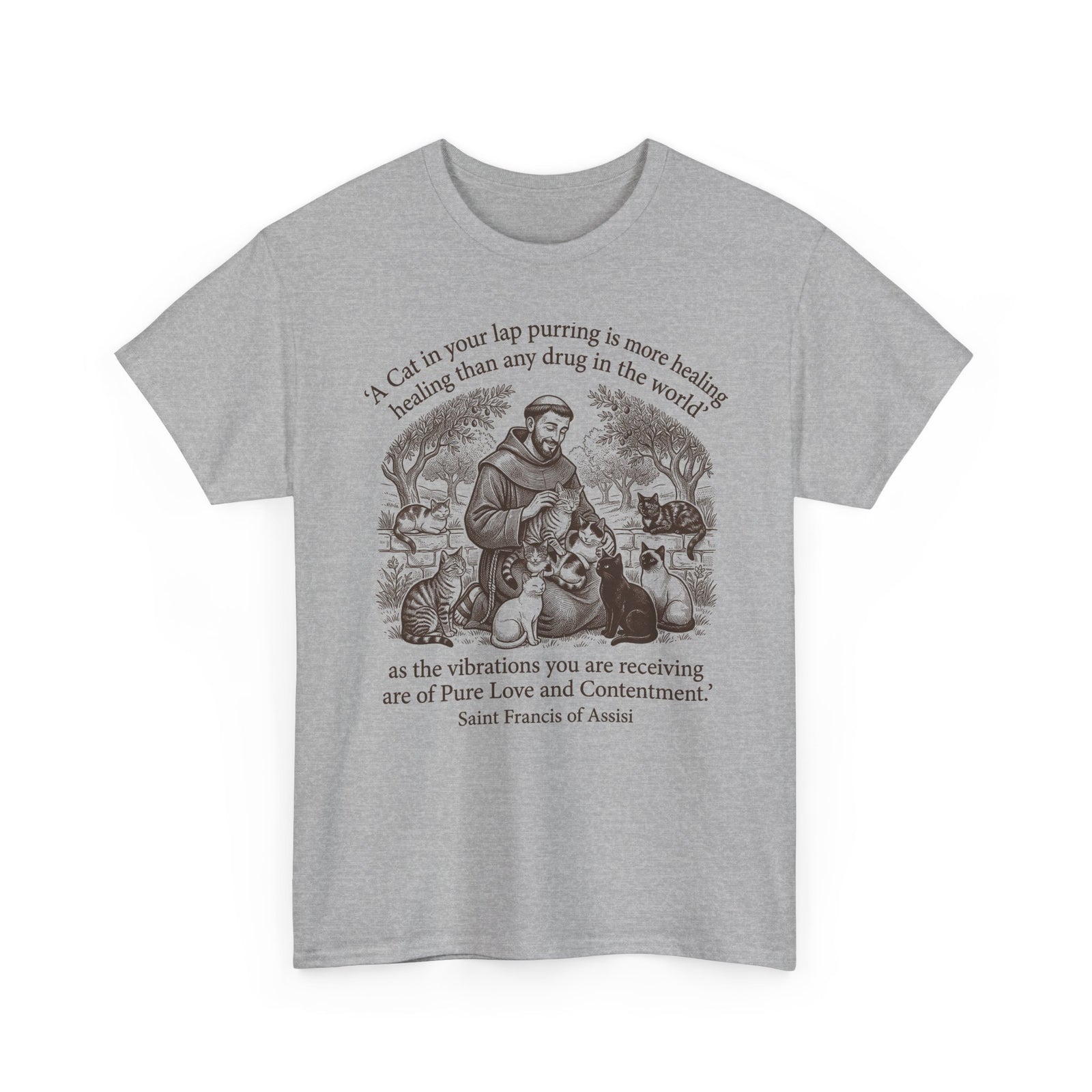Saint Francis Vintage Graphic Tee — "A Cat in Your Lap Purring" Spiritual Animal Lover Shirt