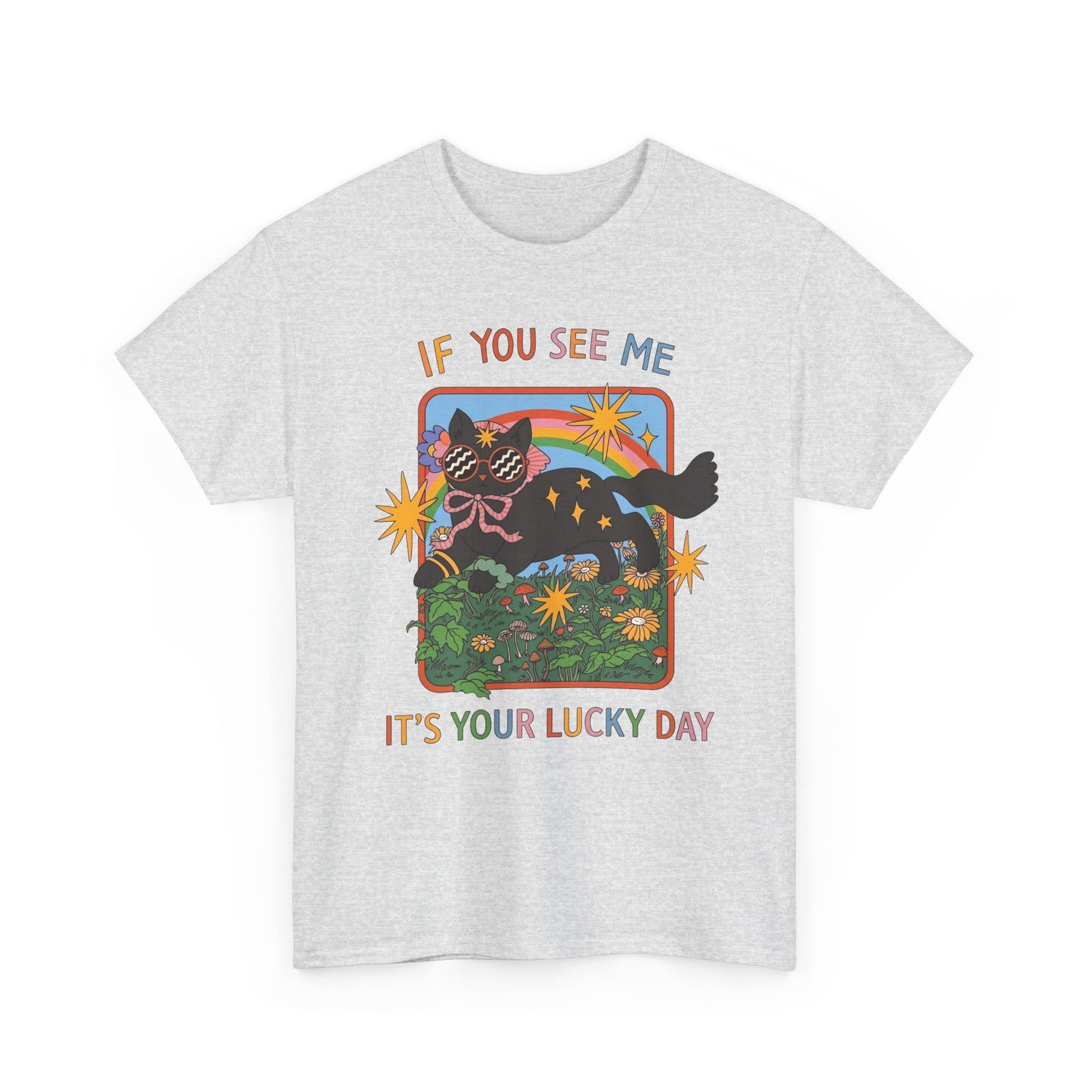 If You See Me It's Your Lucky Day T-Shirt — Retro Groovy Black Cat Rainbow Graphic Tee