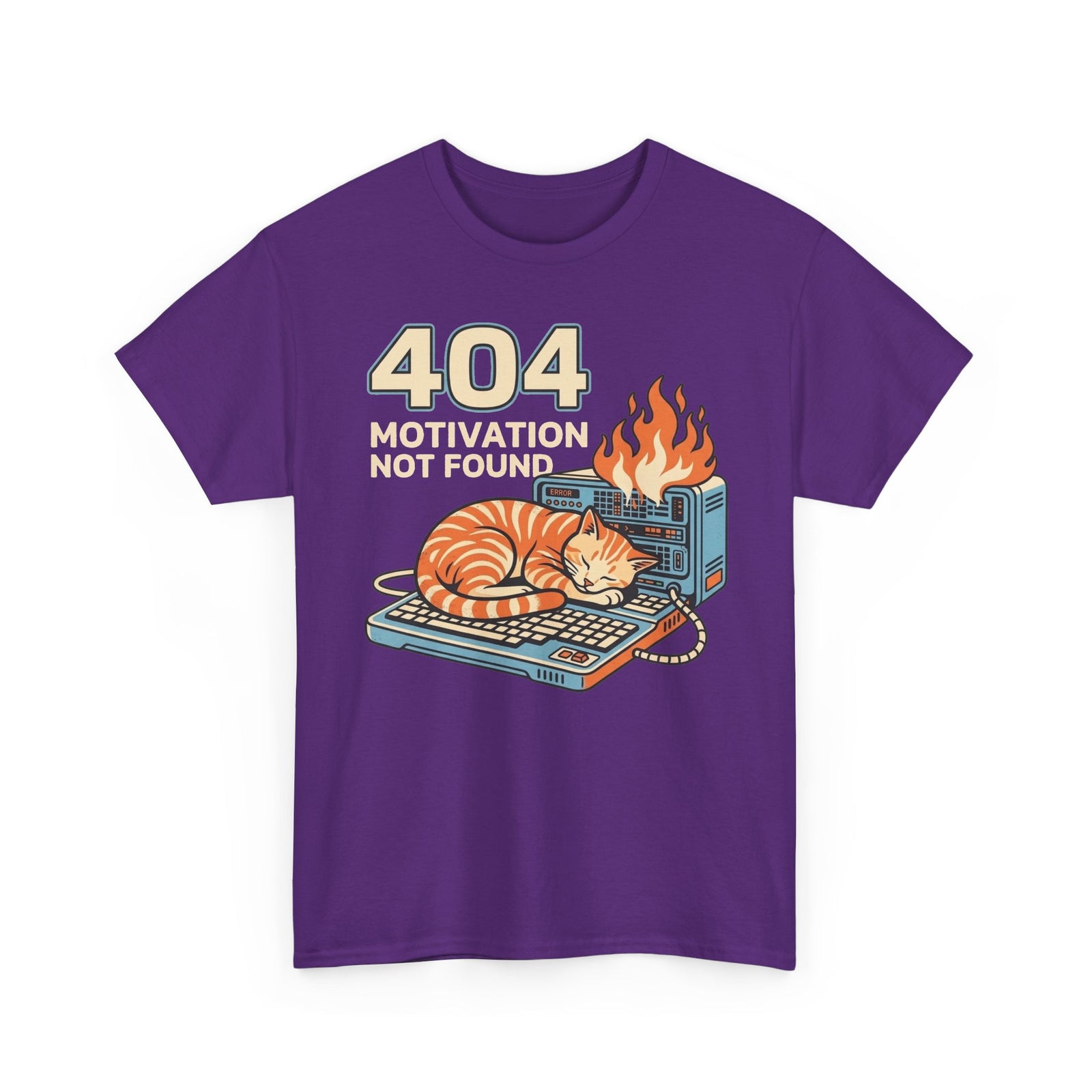 404 Motivation Not Found T-Shirt — Funny Cat Sleeping on Flaming Computer Tee