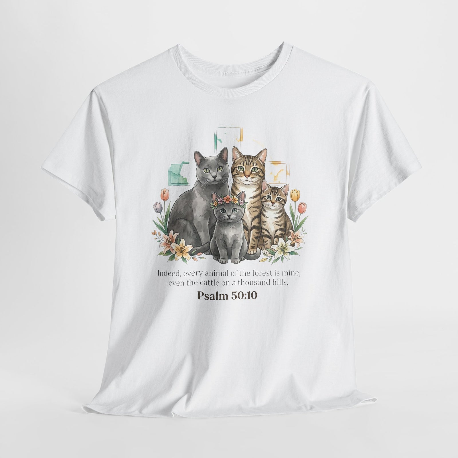 Cat Family Psalm 50:10 Floral T-Shirt — Christian Pet Lover Tee