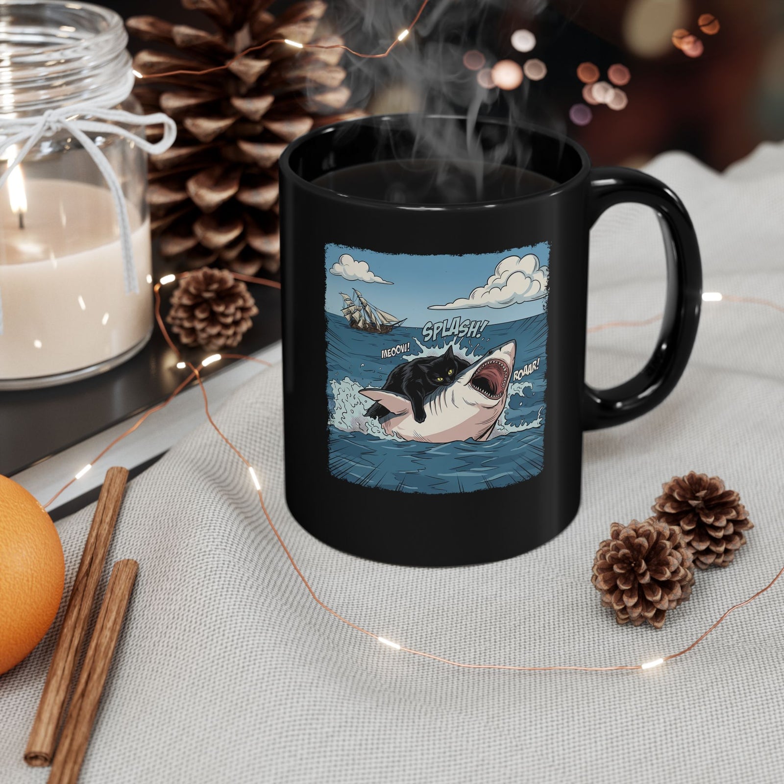 Black Cat Vs White Shark Black Mug — Funny Comic Book Ocean Battle Mug
