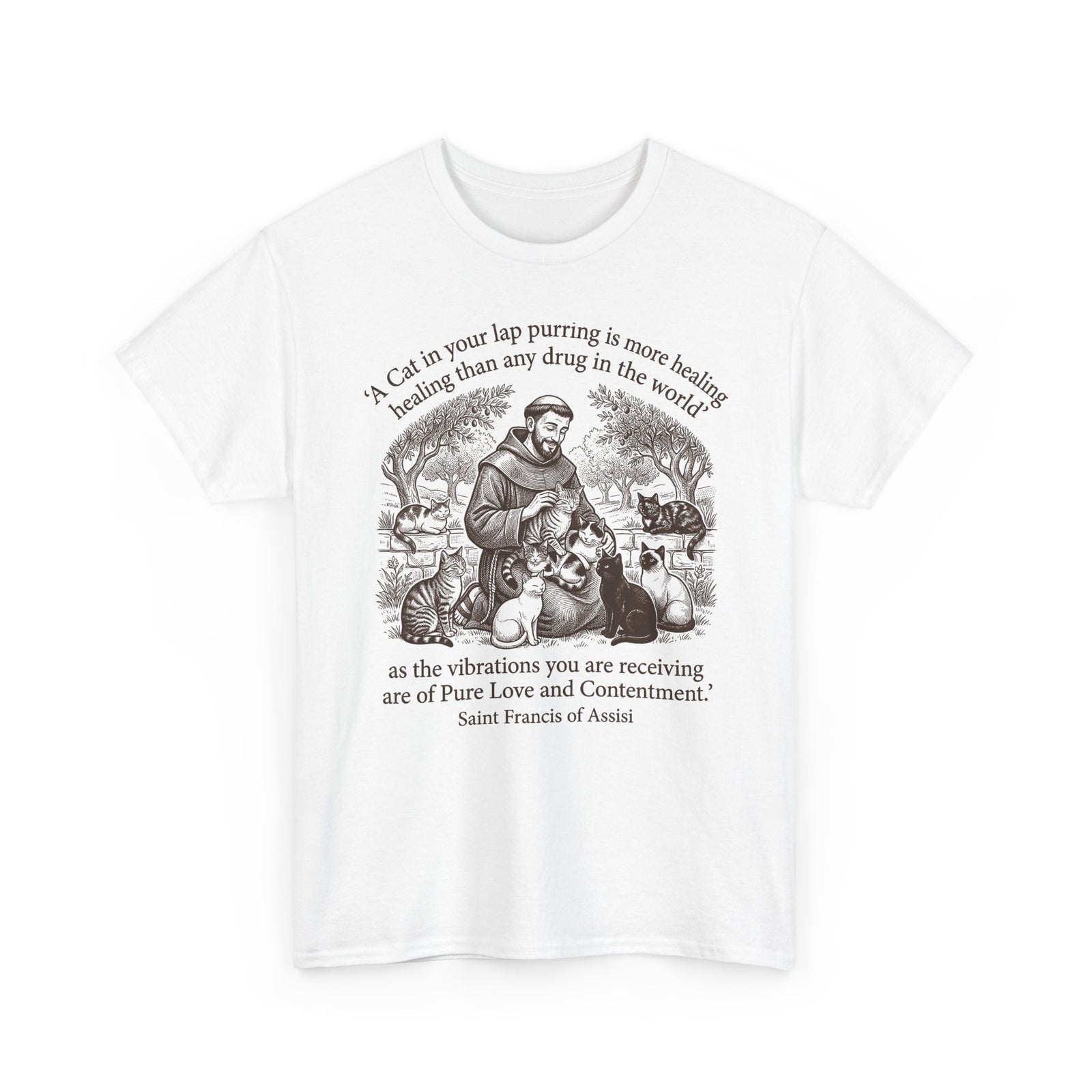 Saint Francis Vintage Graphic Tee — "A Cat in Your Lap Purring" Spiritual Animal Lover Shirt