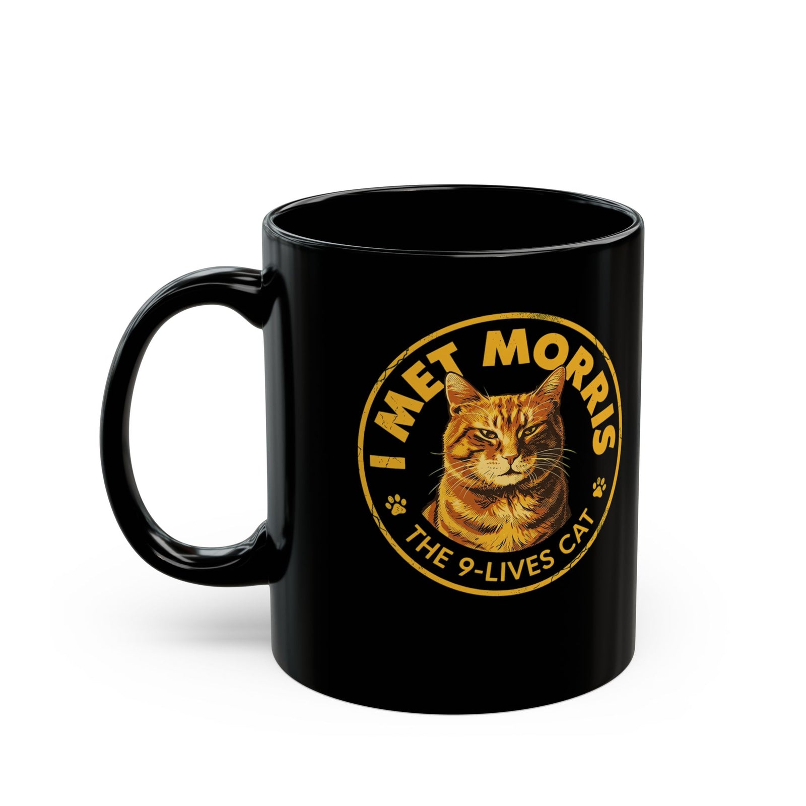 Cat Black Mug — "I Met Morris" 9-Lives Vintage Cat Graphic Mug