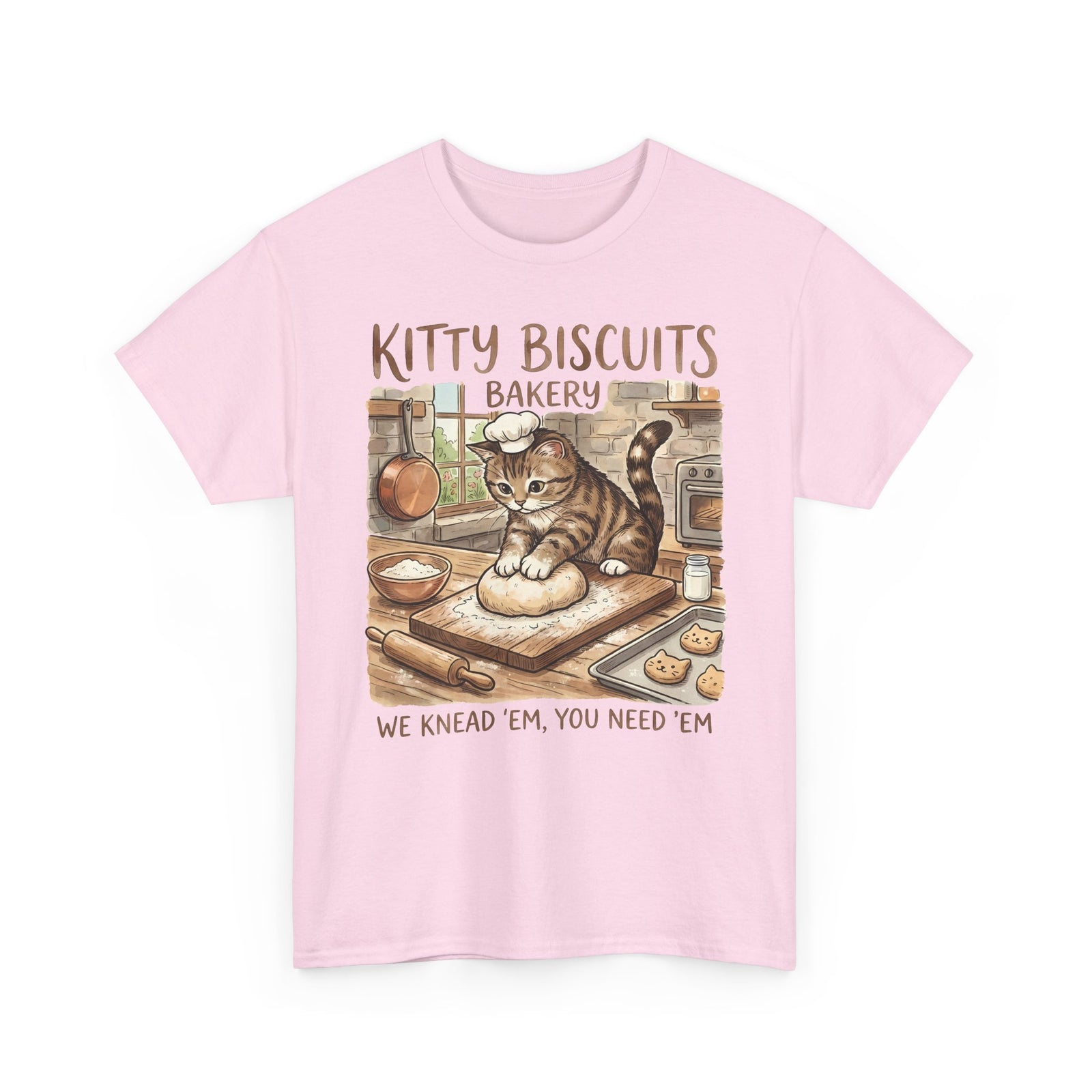 Kitty Biscuits Bakery T-Shirt — "We Knead 'Em We Need 'Em" Cat Bakery Tee