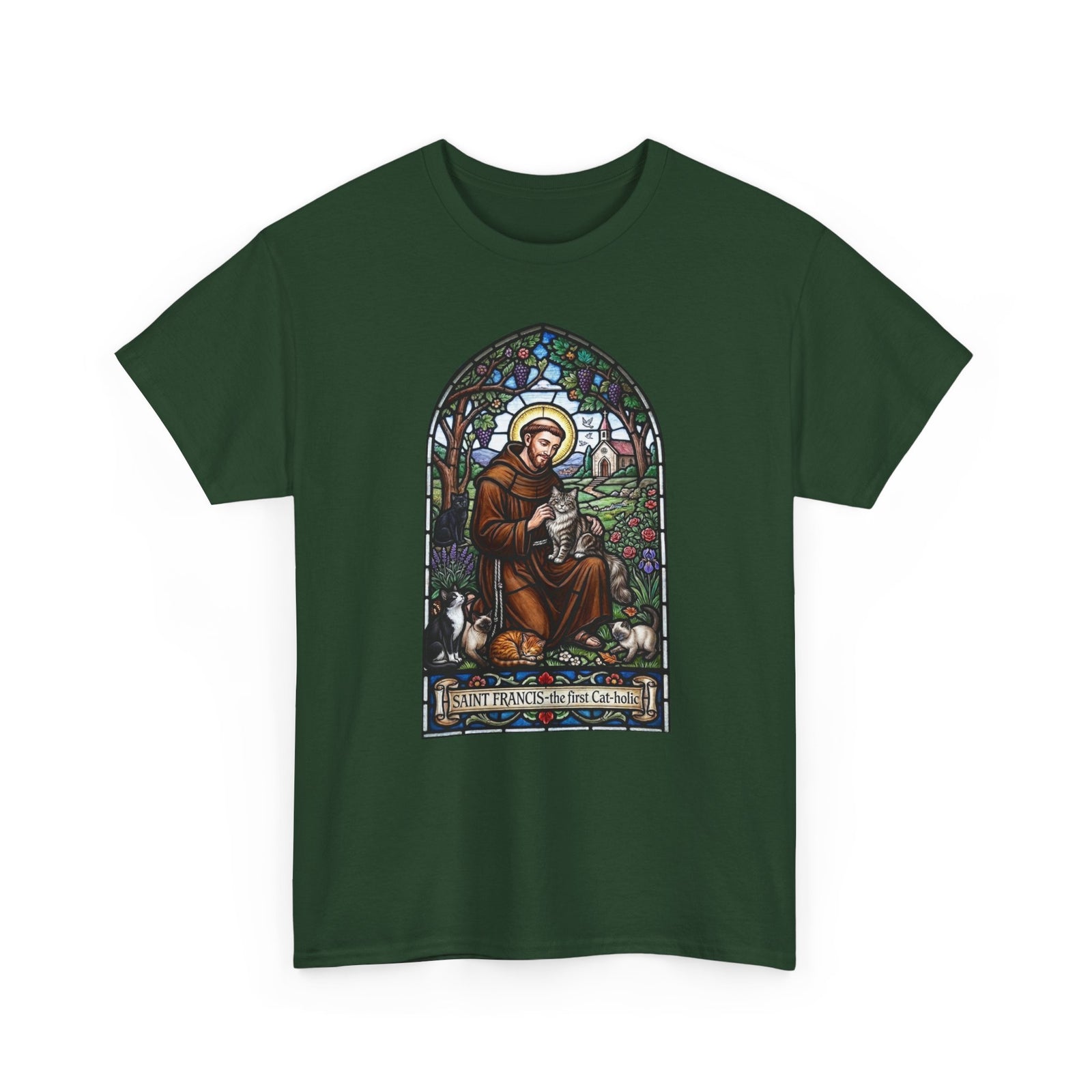 Saint Francis Cat T-Shirt — "SAINT FRANCIS — the first Cat-holic"