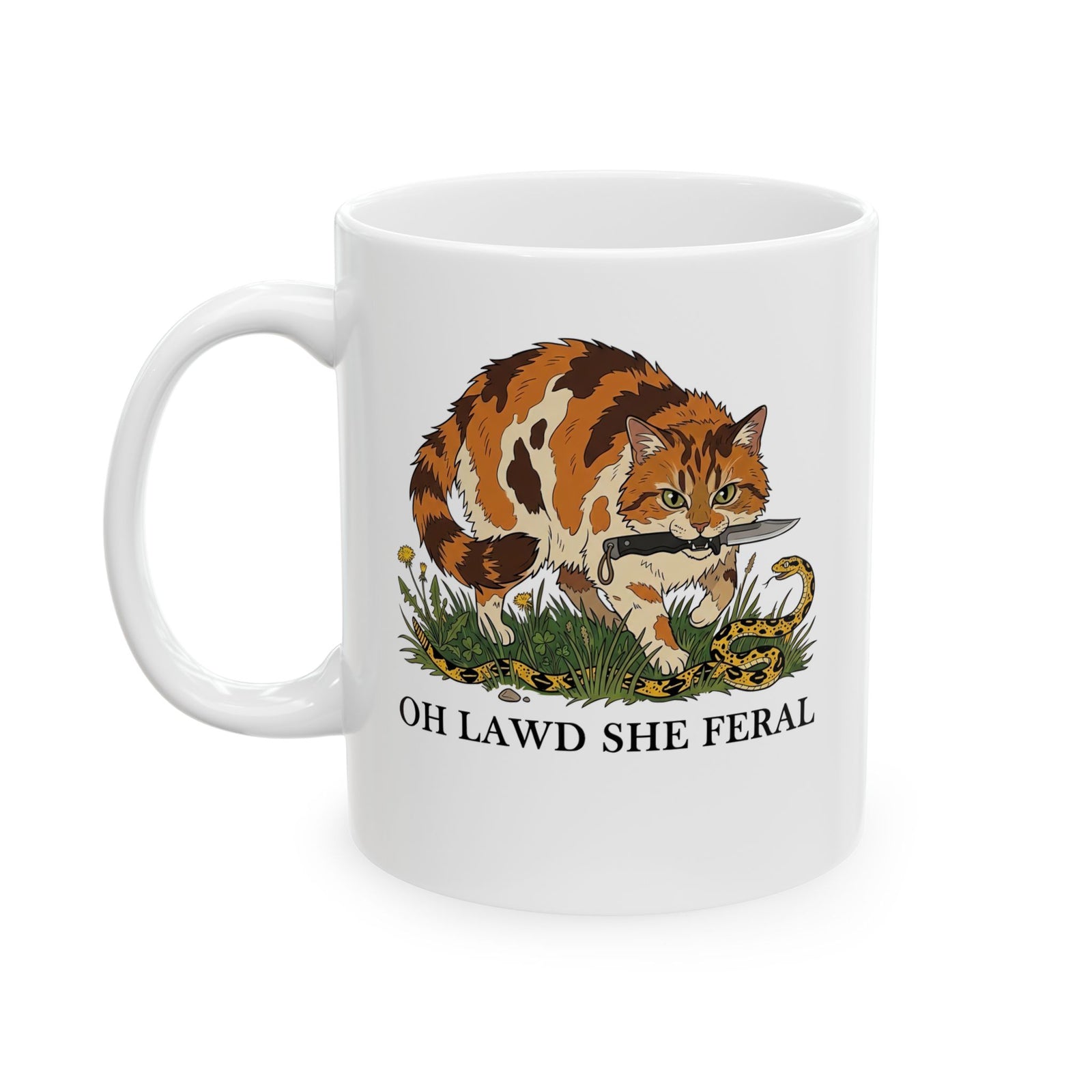 Feral Cats Mug — “Oh Lawd She Feral Cats!” Graphic Ceramic Mug