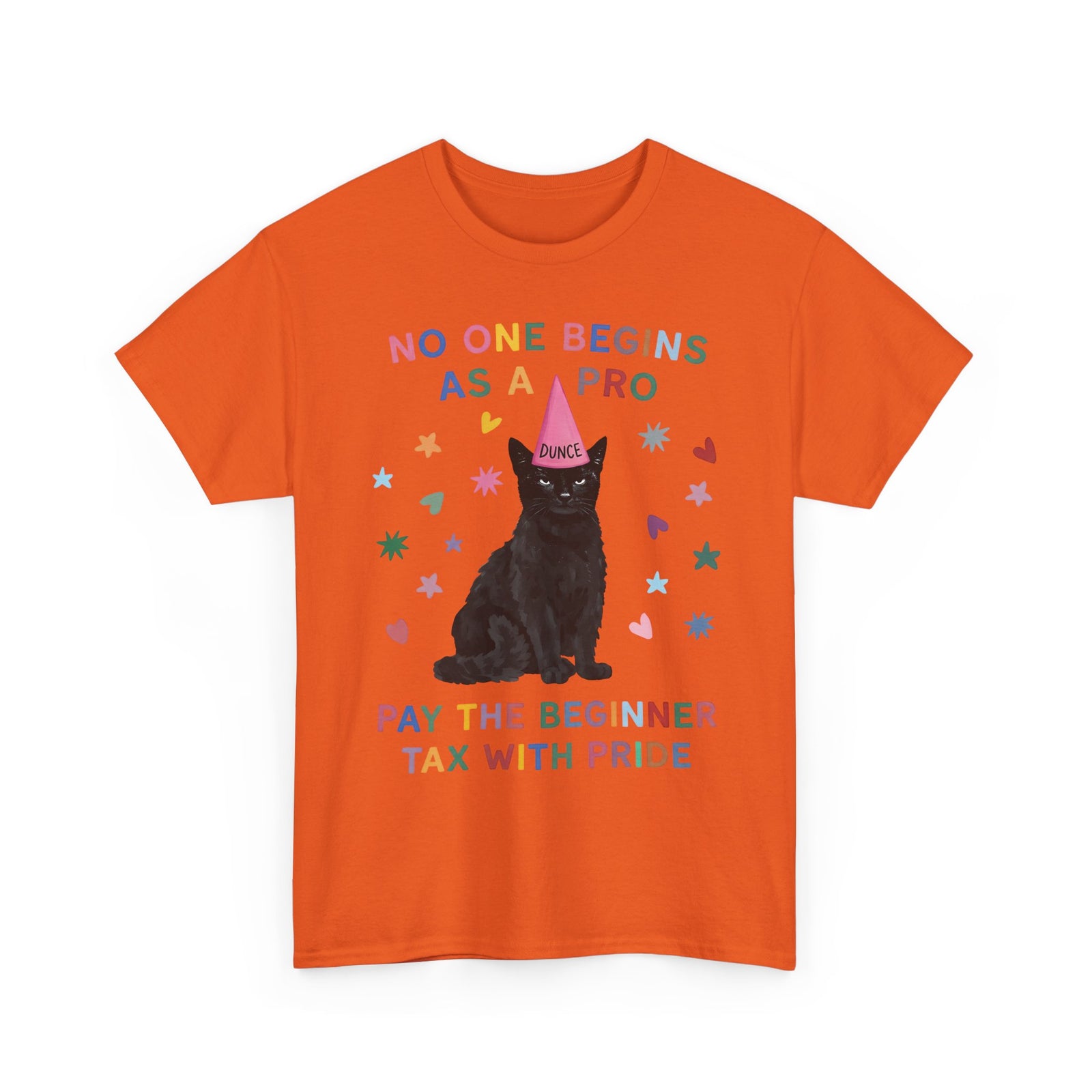 No One Begins As A Pro T-Shirt — Funny Black Cat Dunce Hat Beginner Tax Tee