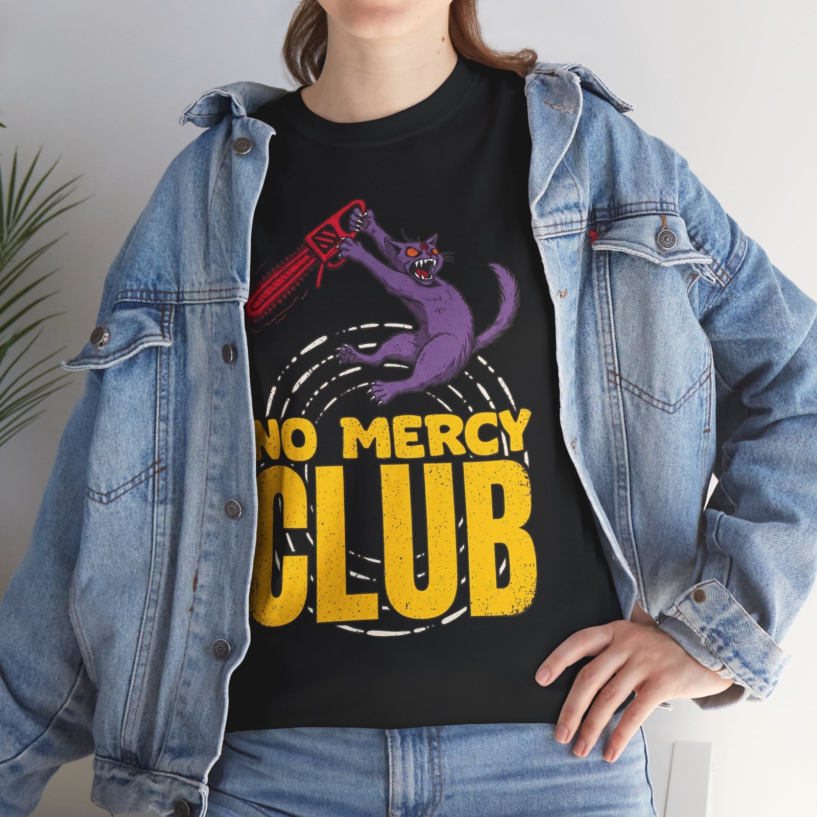 No Mercy Club Chainsaw Cat T-Shirt — Funny Unhinged Horror Cat Tee