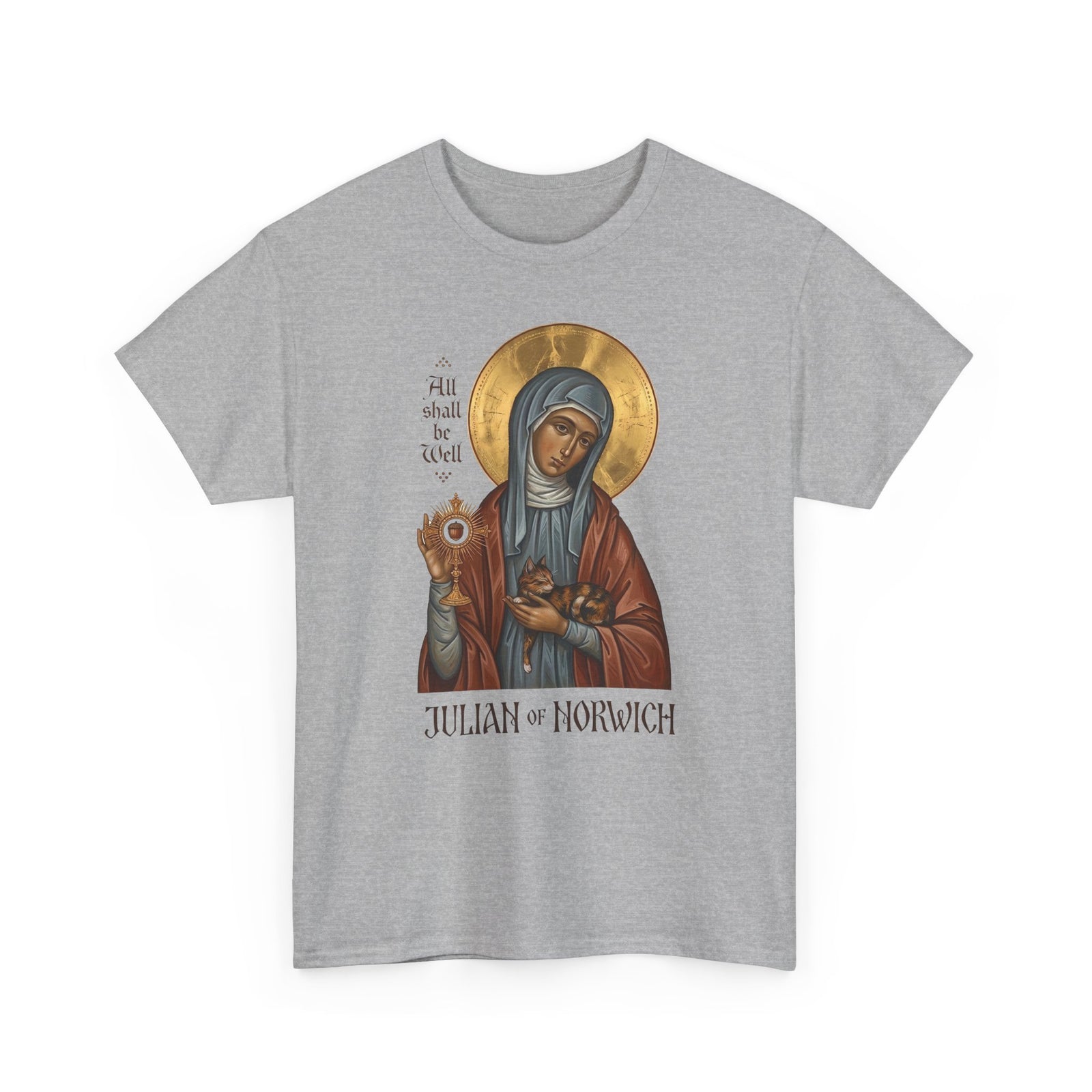 Julian of Norwich & Cat T-Shirt — Spiritual Saint Tee for Cat Lovers
