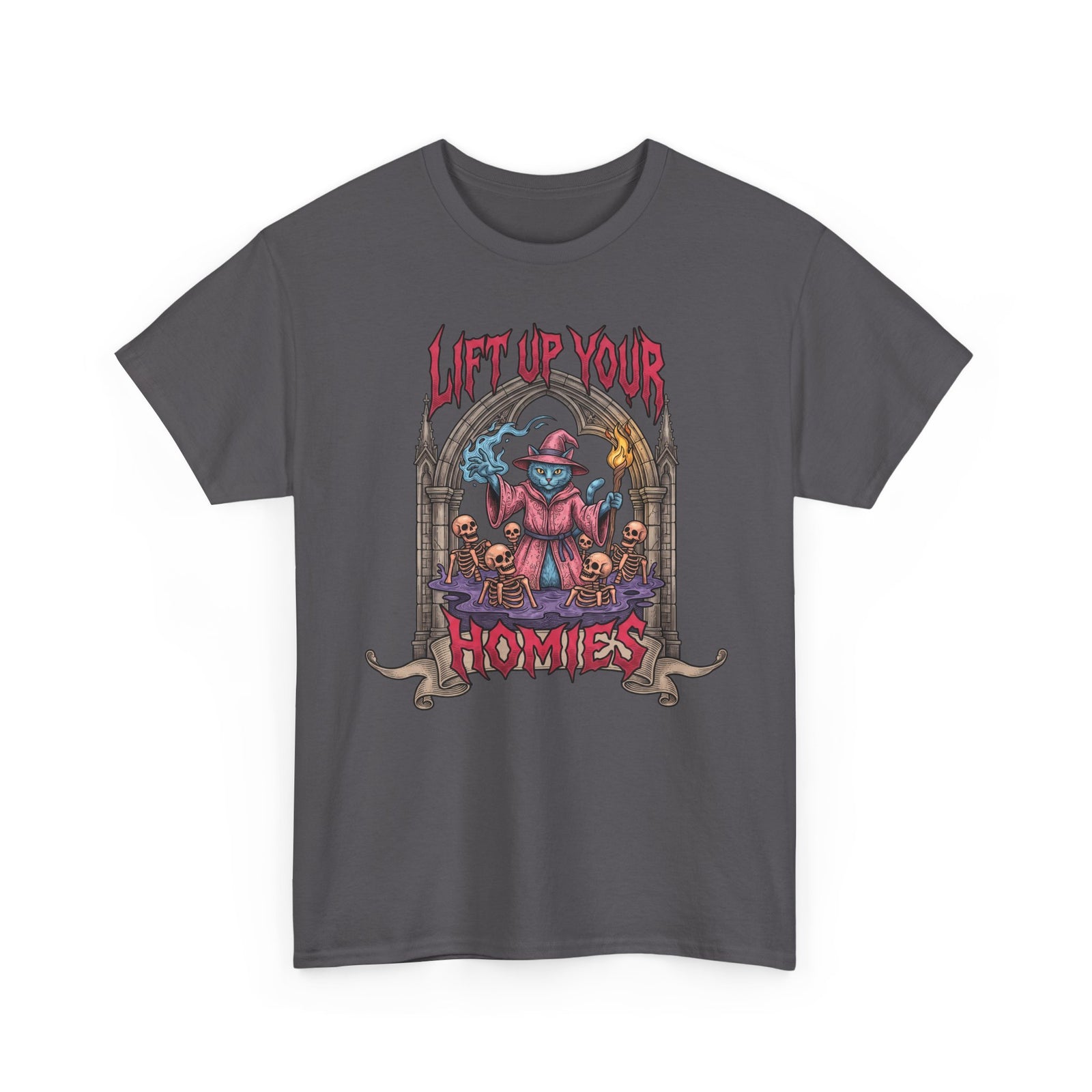 Lift Up Your Homies Wizard Cat T-Shirt — Necromancer Skeleton Feline Tee