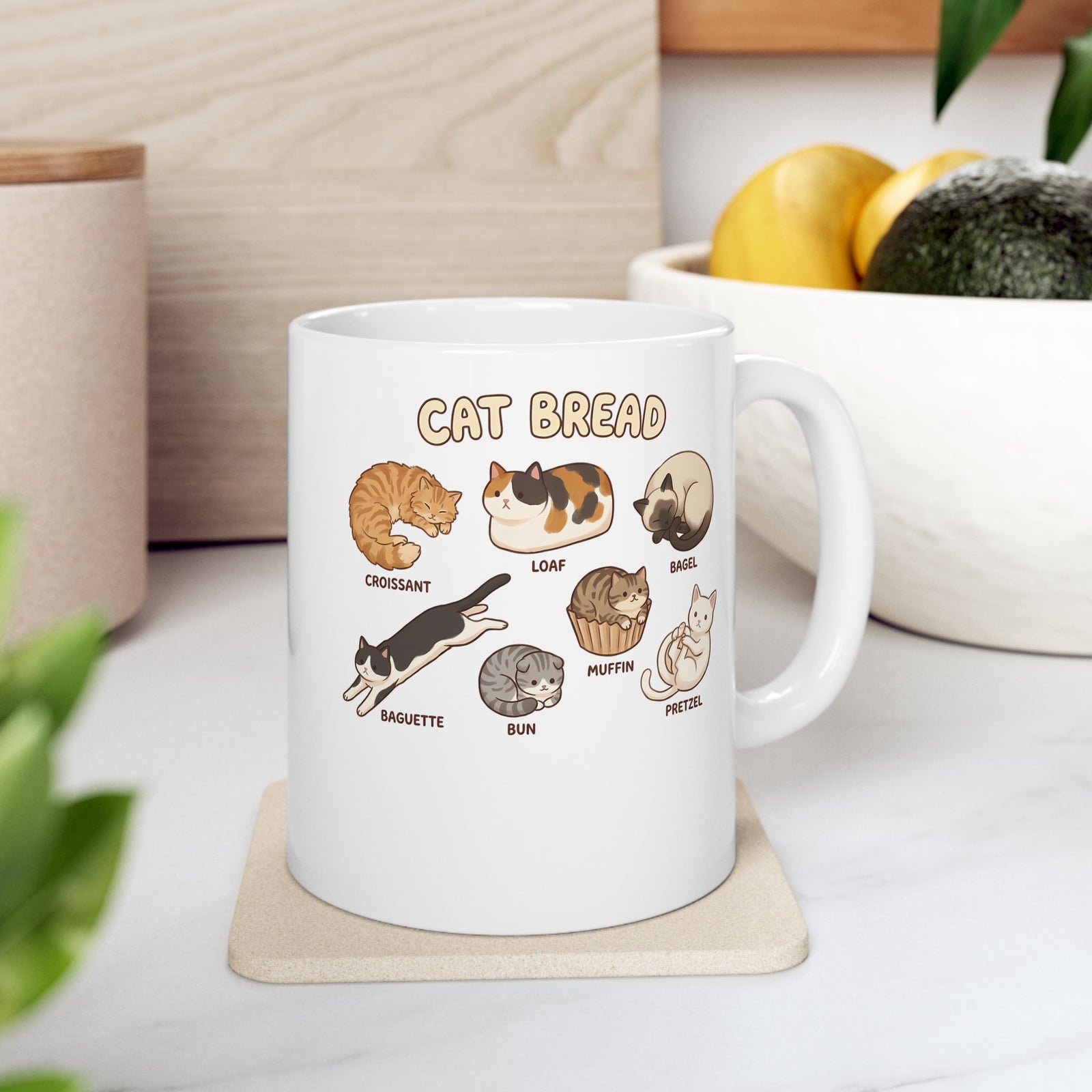 Cats & Breads Ceramic Mug — Cute Cat and Bread Graphic Mug