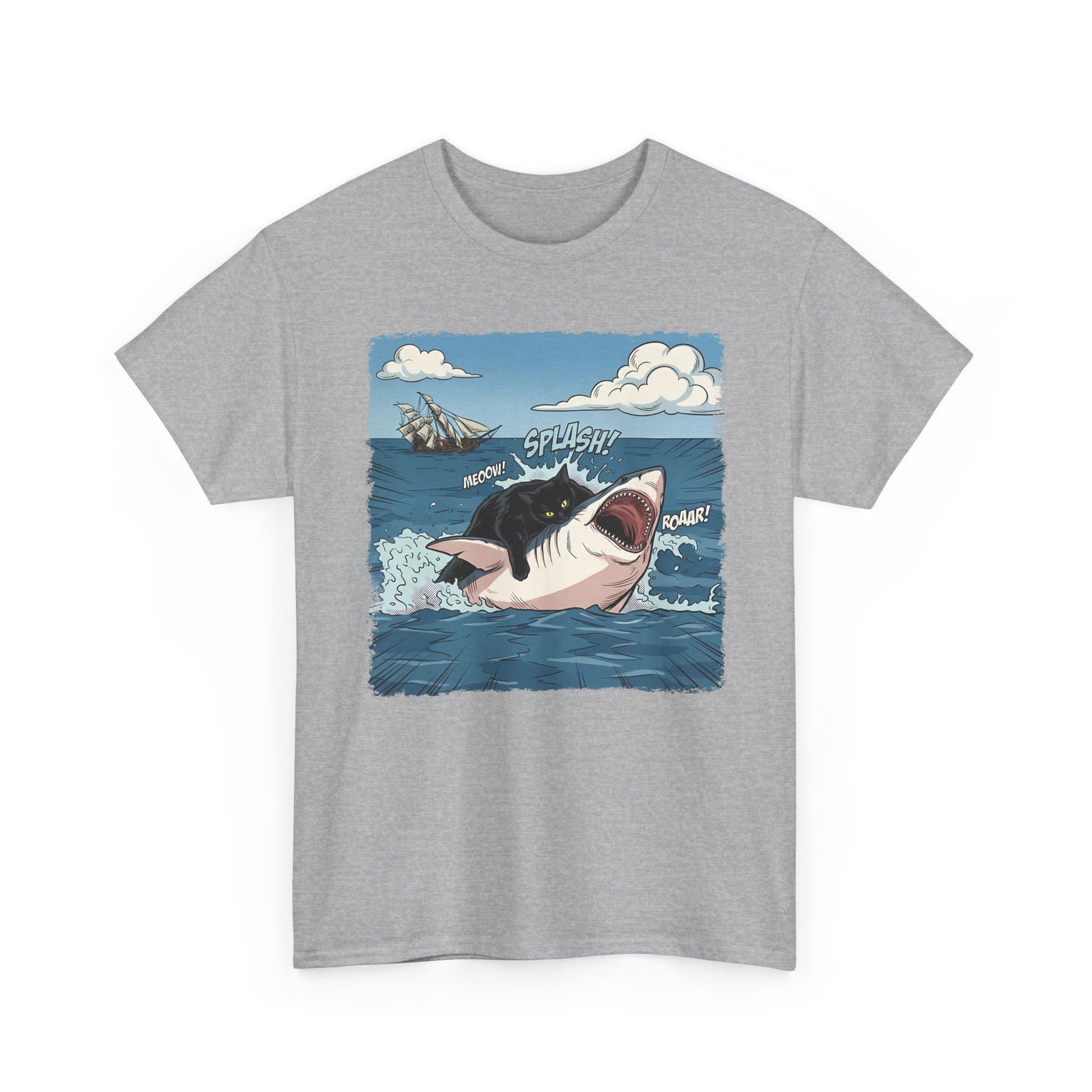 Black Cat Vs White Shark T-Shirt — Funny Comic Book Ocean Battle Tee
