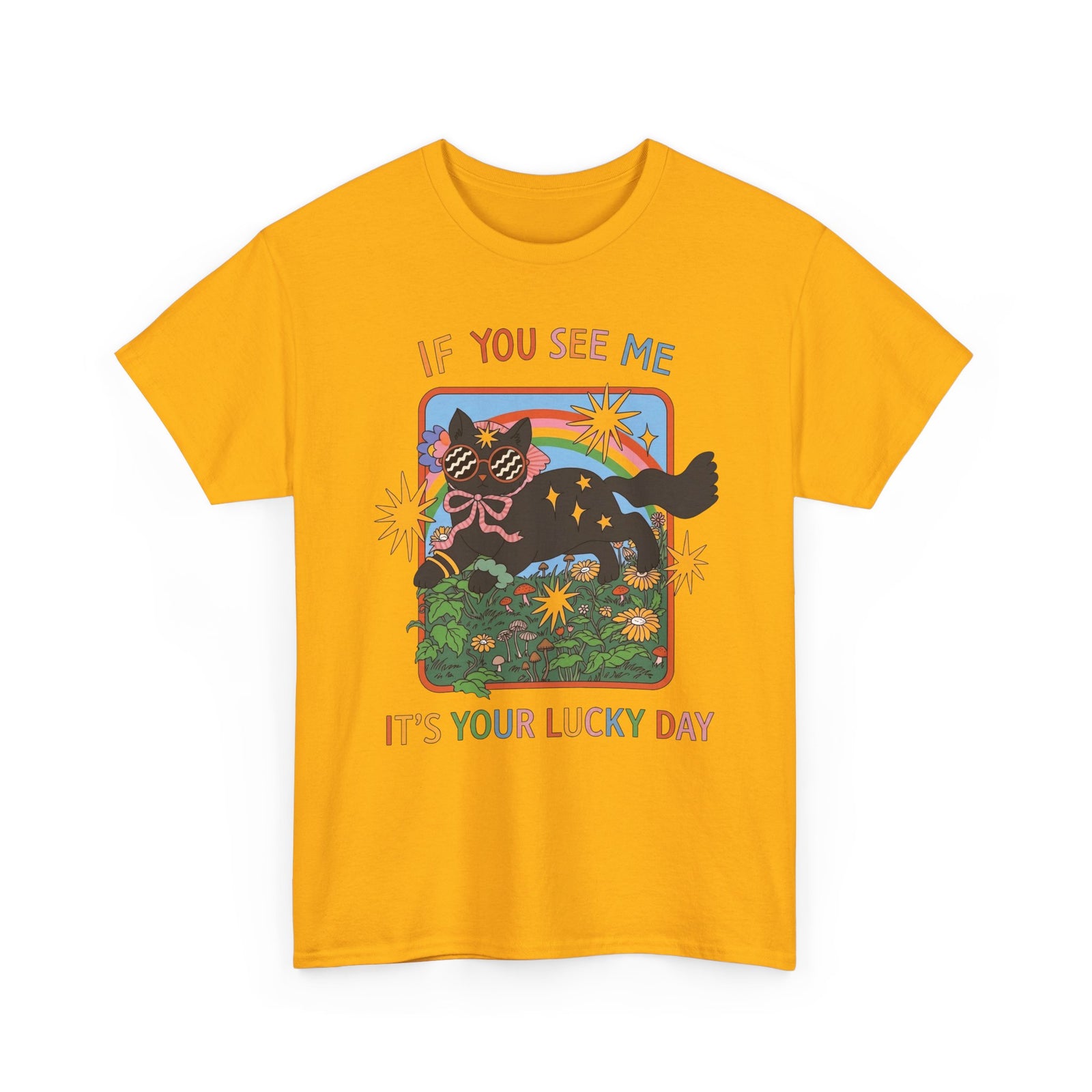 If You See Me It's Your Lucky Day T-Shirt — Retro Groovy Black Cat Rainbow Graphic Tee