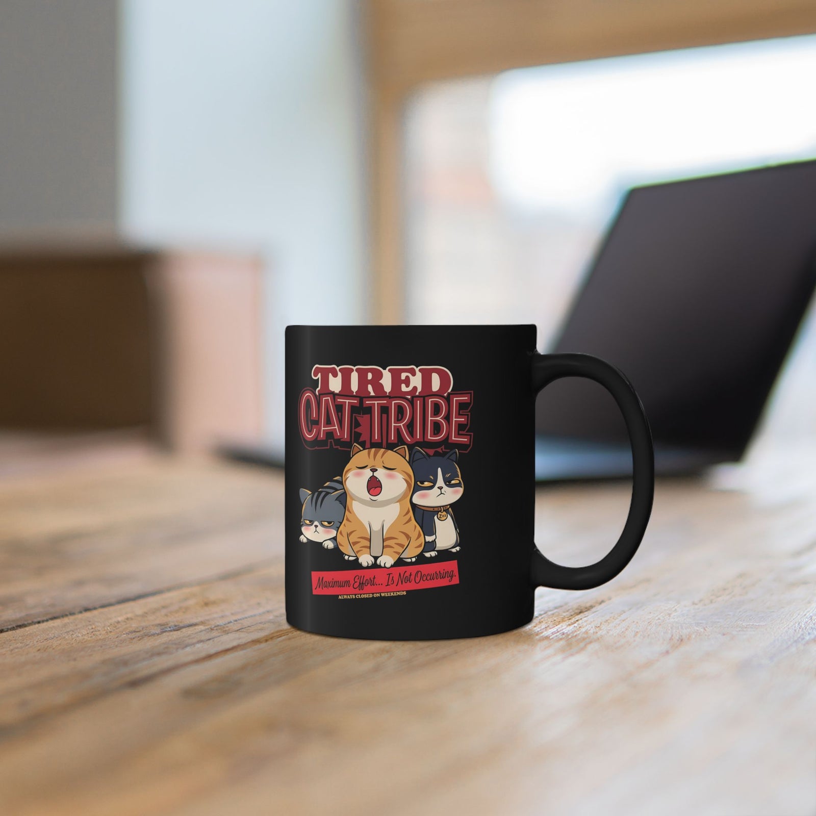 Tired Cat Tribe Black Mug