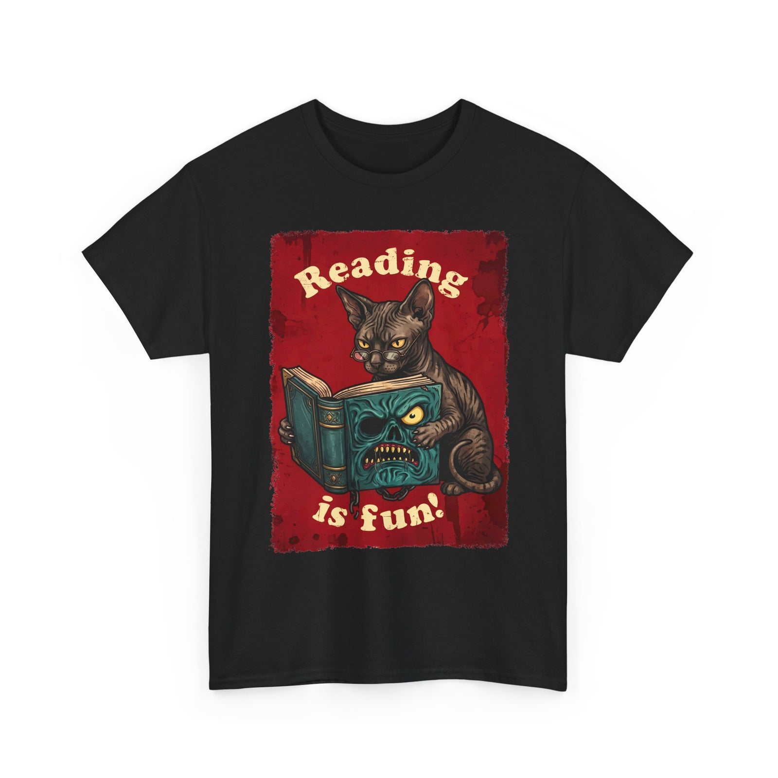 Reading Is Fun Necronomicon Sphynx Cat T-Shirt — Evil Dead Horror Book Tee