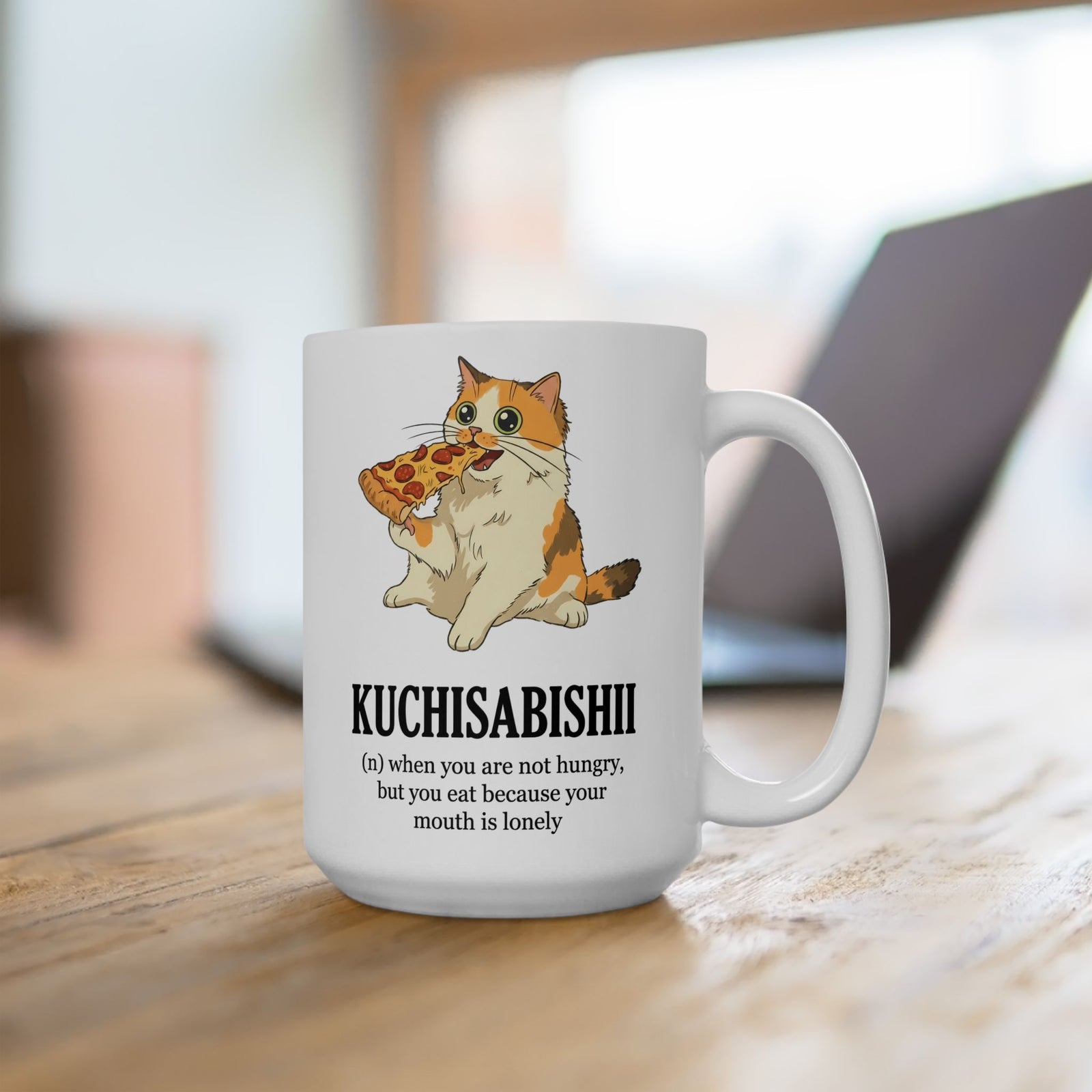 Kuchisabishii Lonely Mouth Ceramic Mug — Funny Cat Eating Pizza Mug
