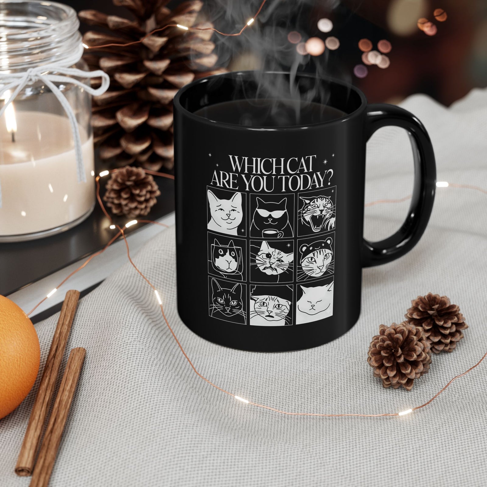 Which Cat You Choose Today Black Mug — Playful Cat Lover Graphic Mug