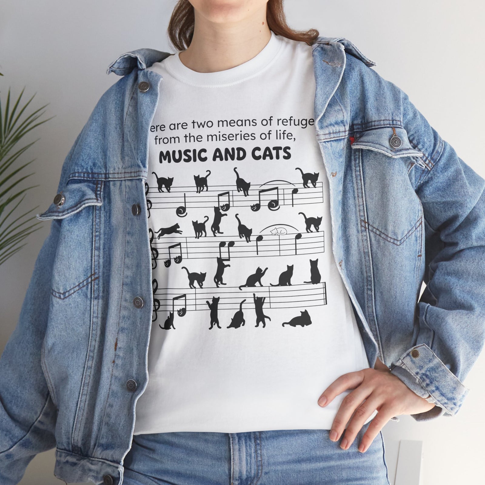 Music and Cats T-Shirt — Graphic Tee with Musical Score and Cat Silhouettes