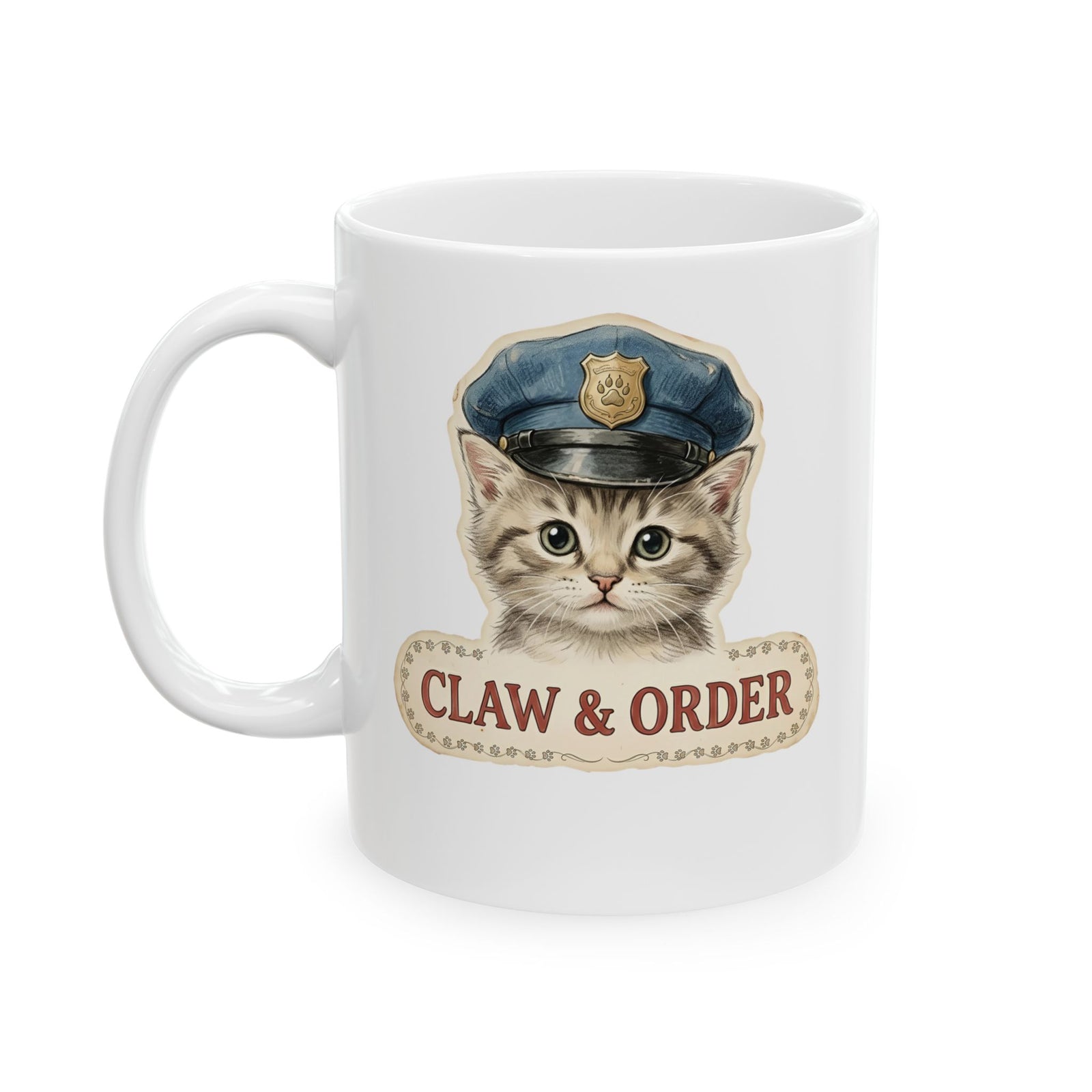 Claw and Order Cat Ceramic Mug — Funny Cat Crime Pun Mug