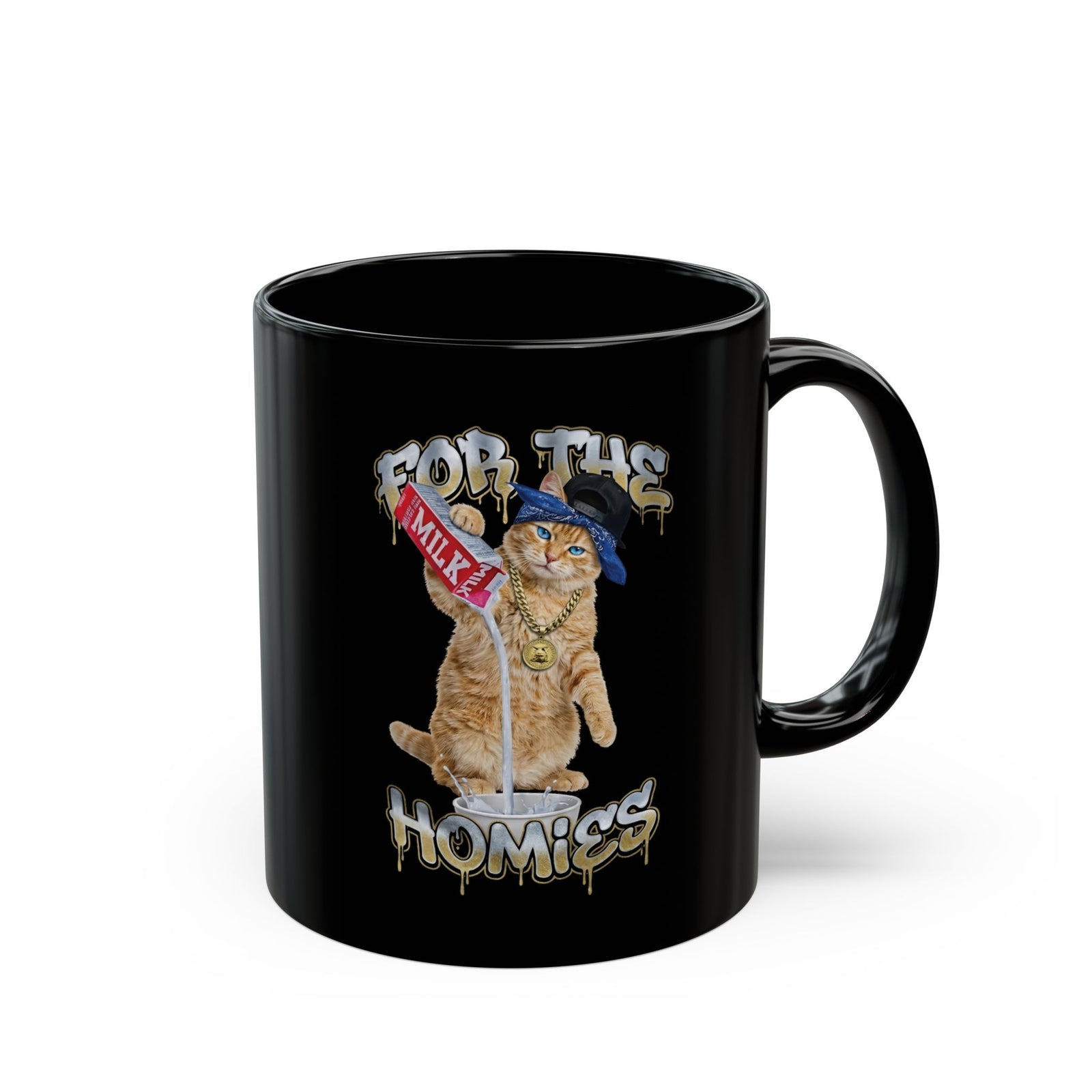 For The Homies Cat Black Mug Funny Gangster Cat Graphic Mug, Milk Pouring Cat Mug, Street Style Cat Lover Gift, Unisex Cotton Black Mug