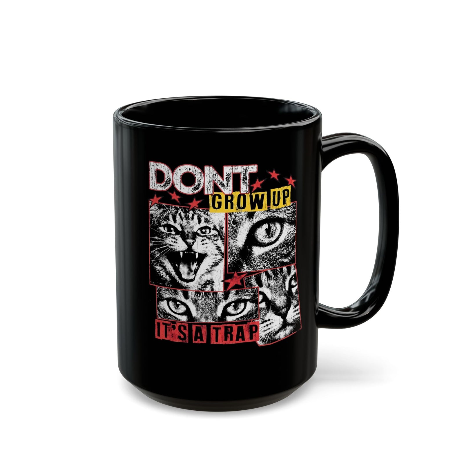 Don't Grow Up It's A Trap Black Mug — Funny Grunge Black and White Cat Mug
