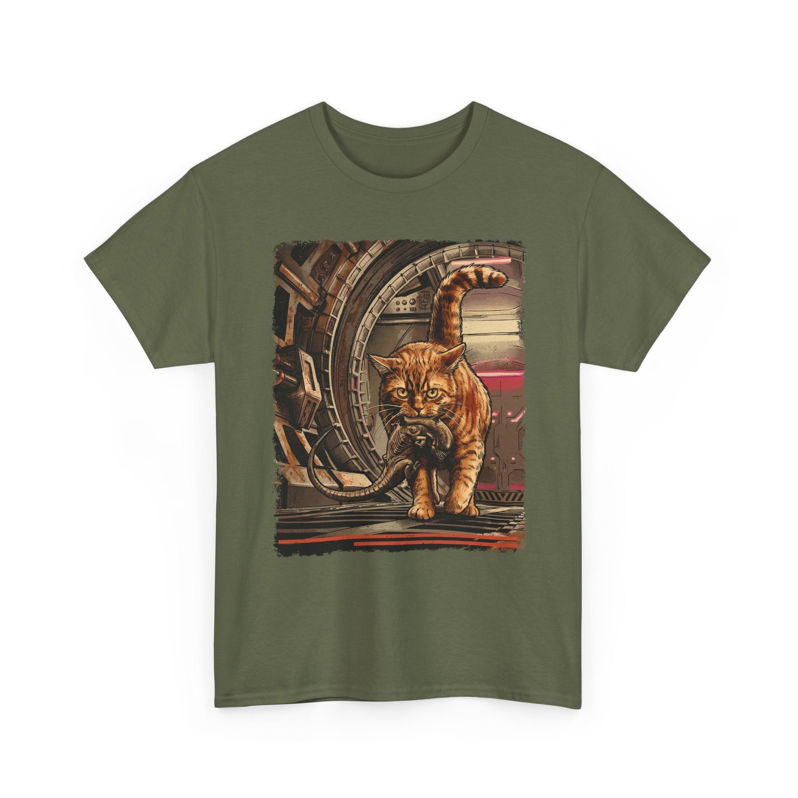 Sci-Fi Pest Control Cat T-Shirt — Alien Hunter Orange Tabby Graphic