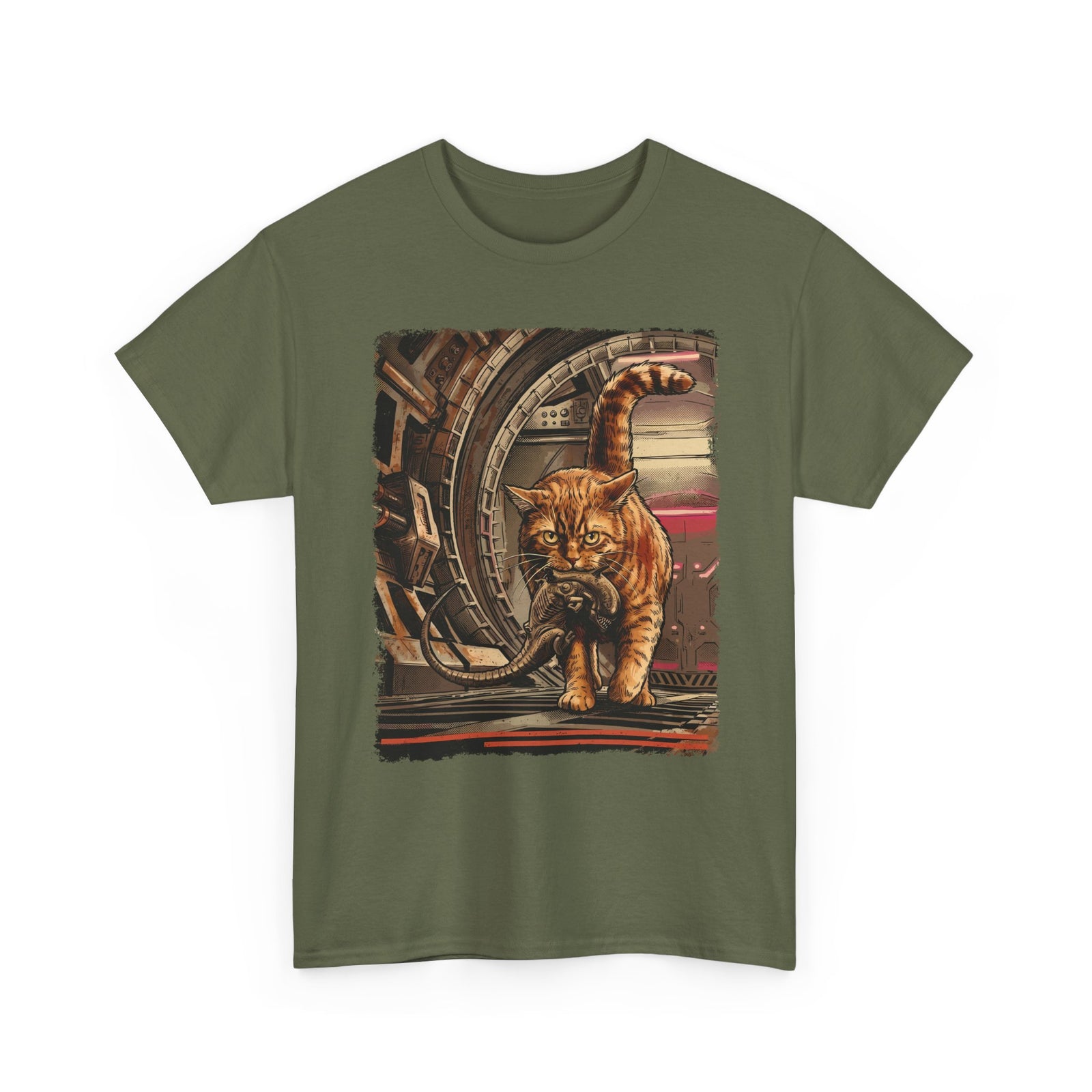 Sci-Fi Pest Control Cat T-Shirt — Alien Hunter Orange Tabby Graphic