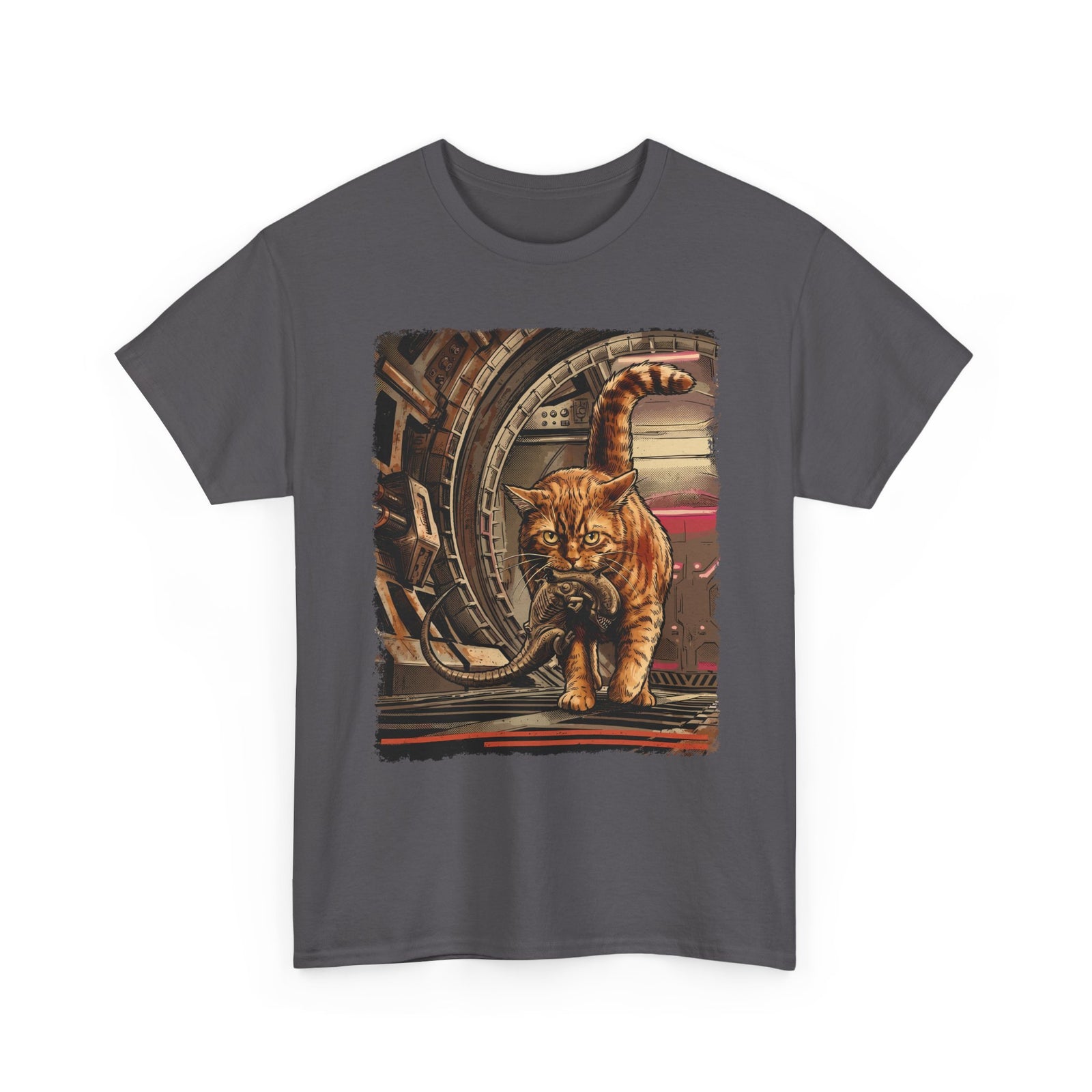 Sci-Fi Pest Control Cat T-Shirt — Alien Hunter Orange Tabby Graphic