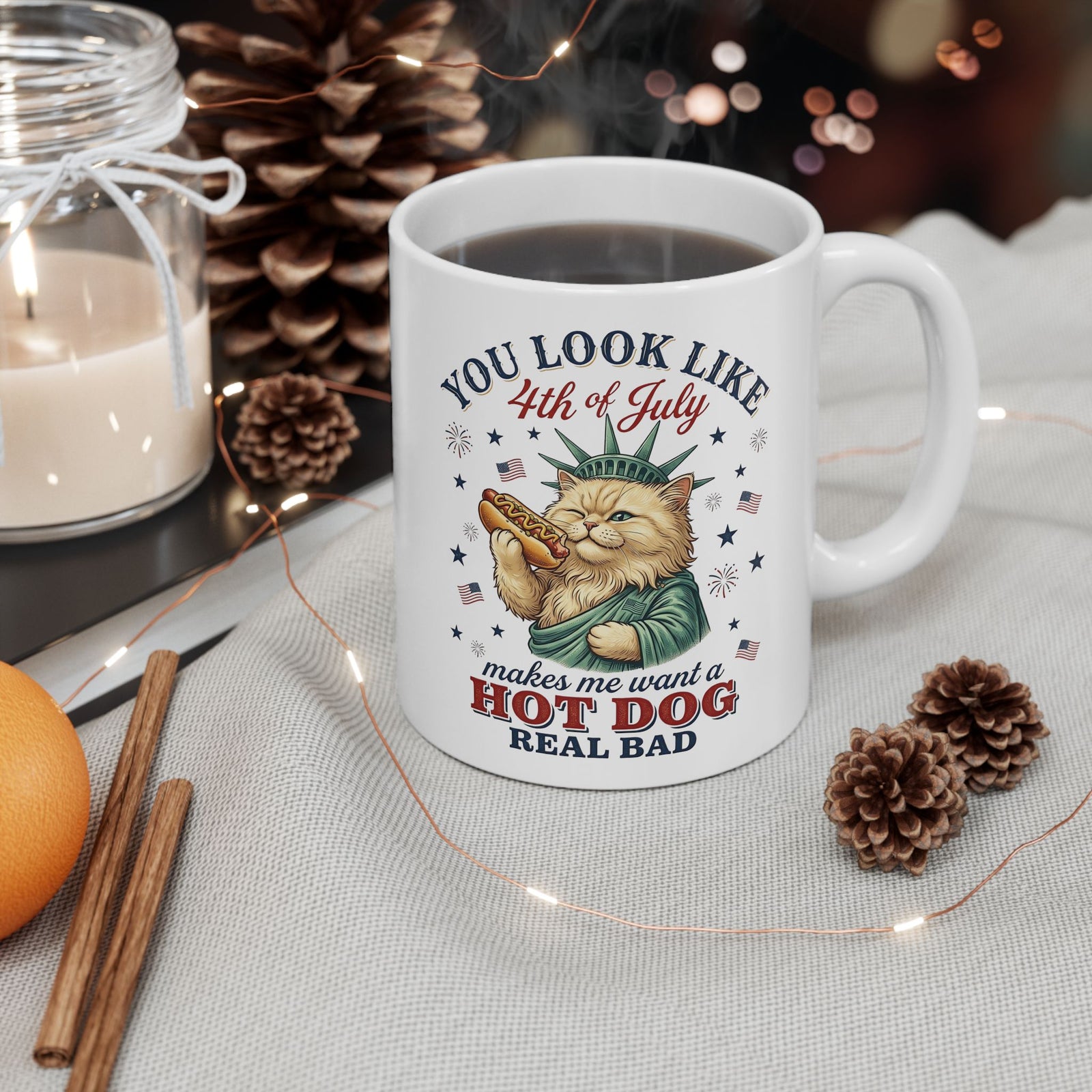 4th of July Cat & Hot Dog Ceramic Mug — Patriotic Fourth of July Mug