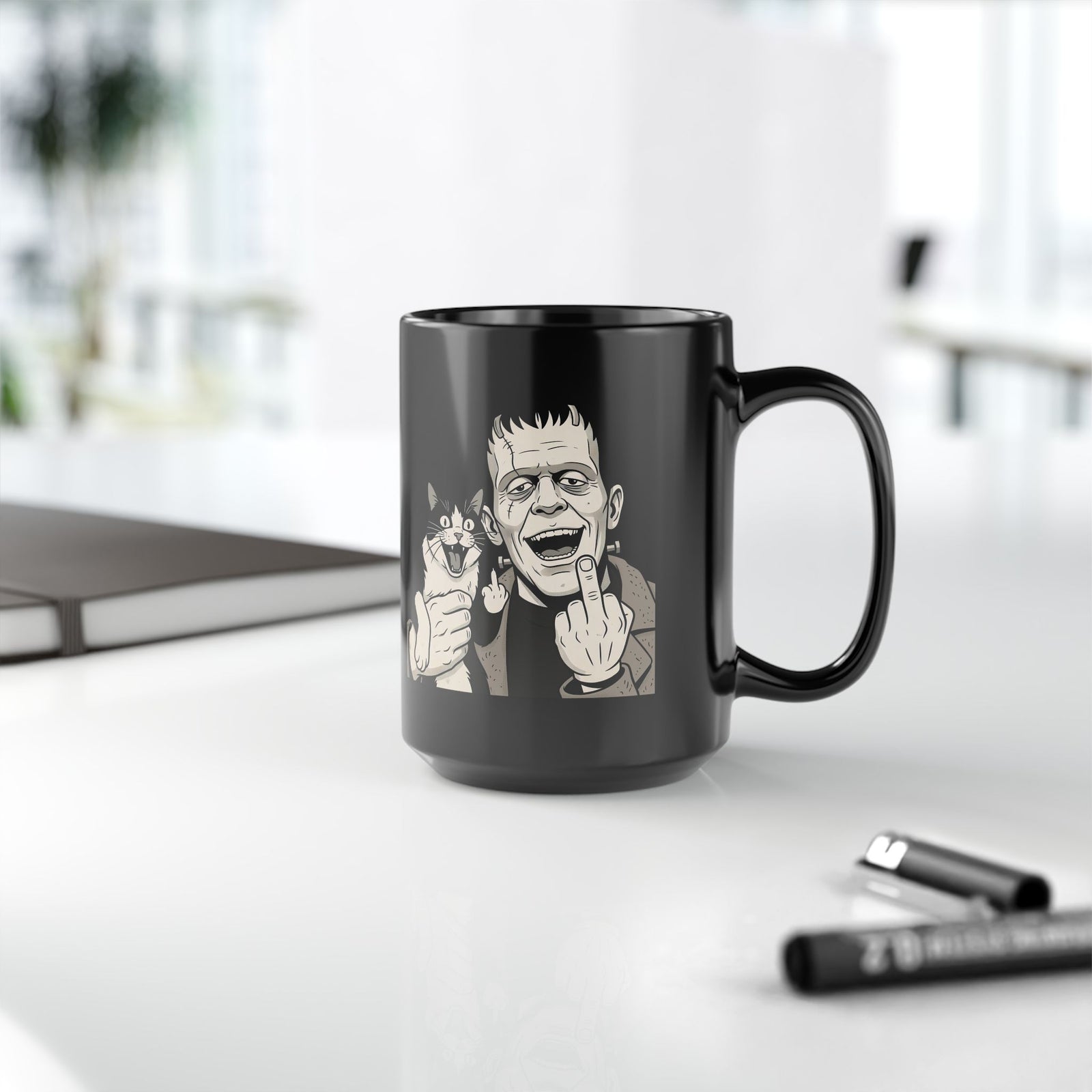 Frankenstein Cat T‑Mug — Cute Spooky Cat & Frankenstein Design