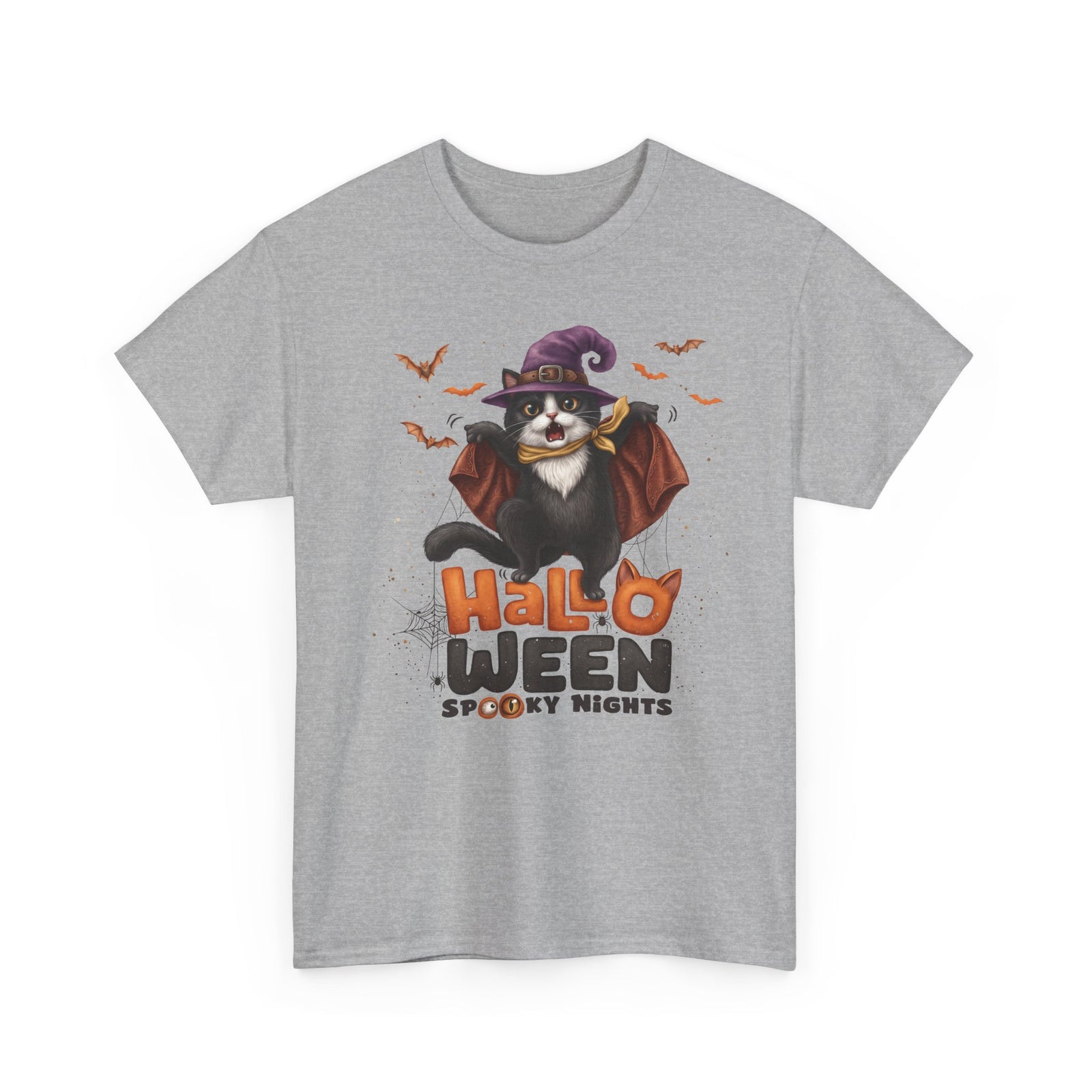 Halloween Spooky Nights Tuxedo Cat T-Shirt — Cute Flying Witch Cat Tee