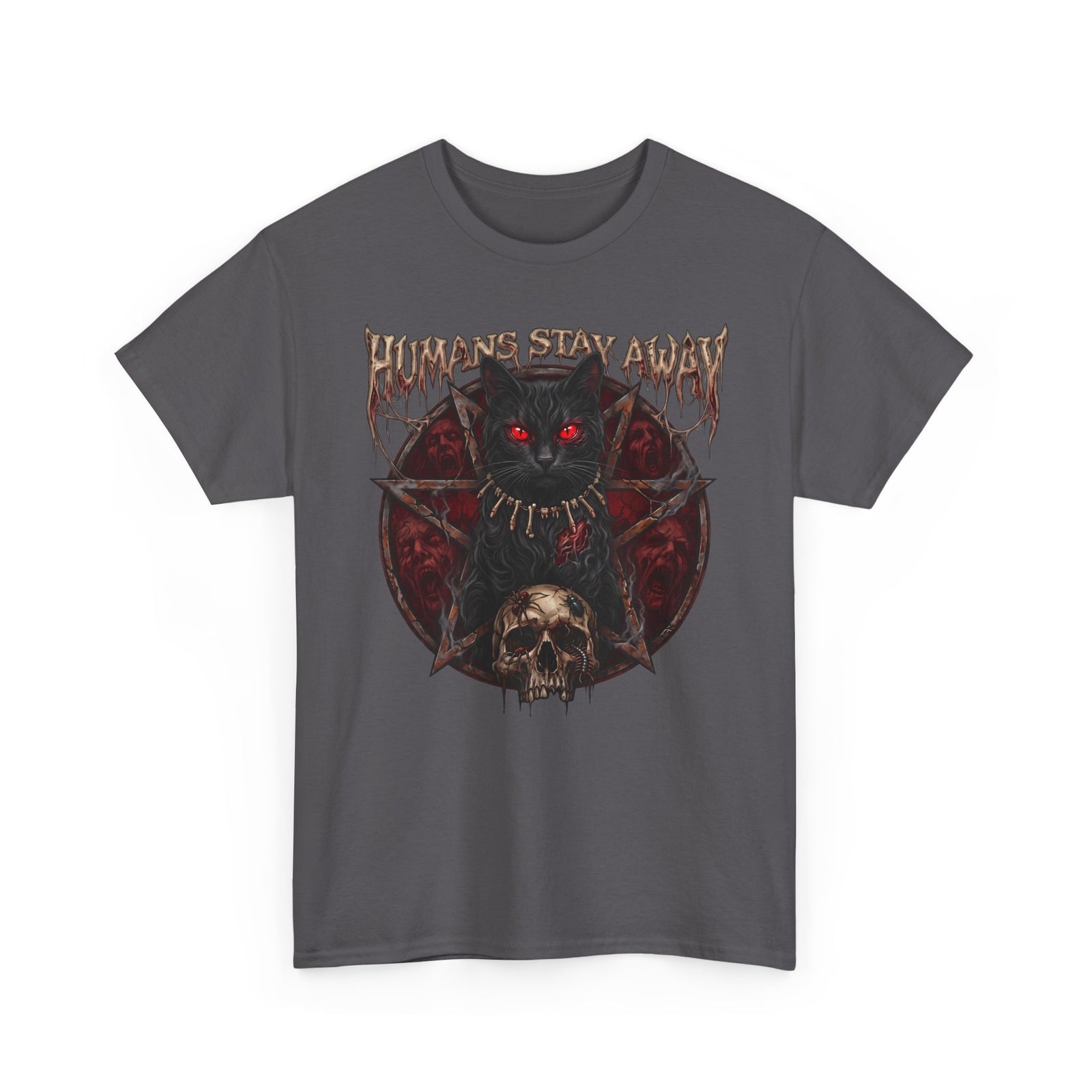 Humans Stay Away Occult Black Cat Shirt — Heavy Metal Pentagram T-Shirt