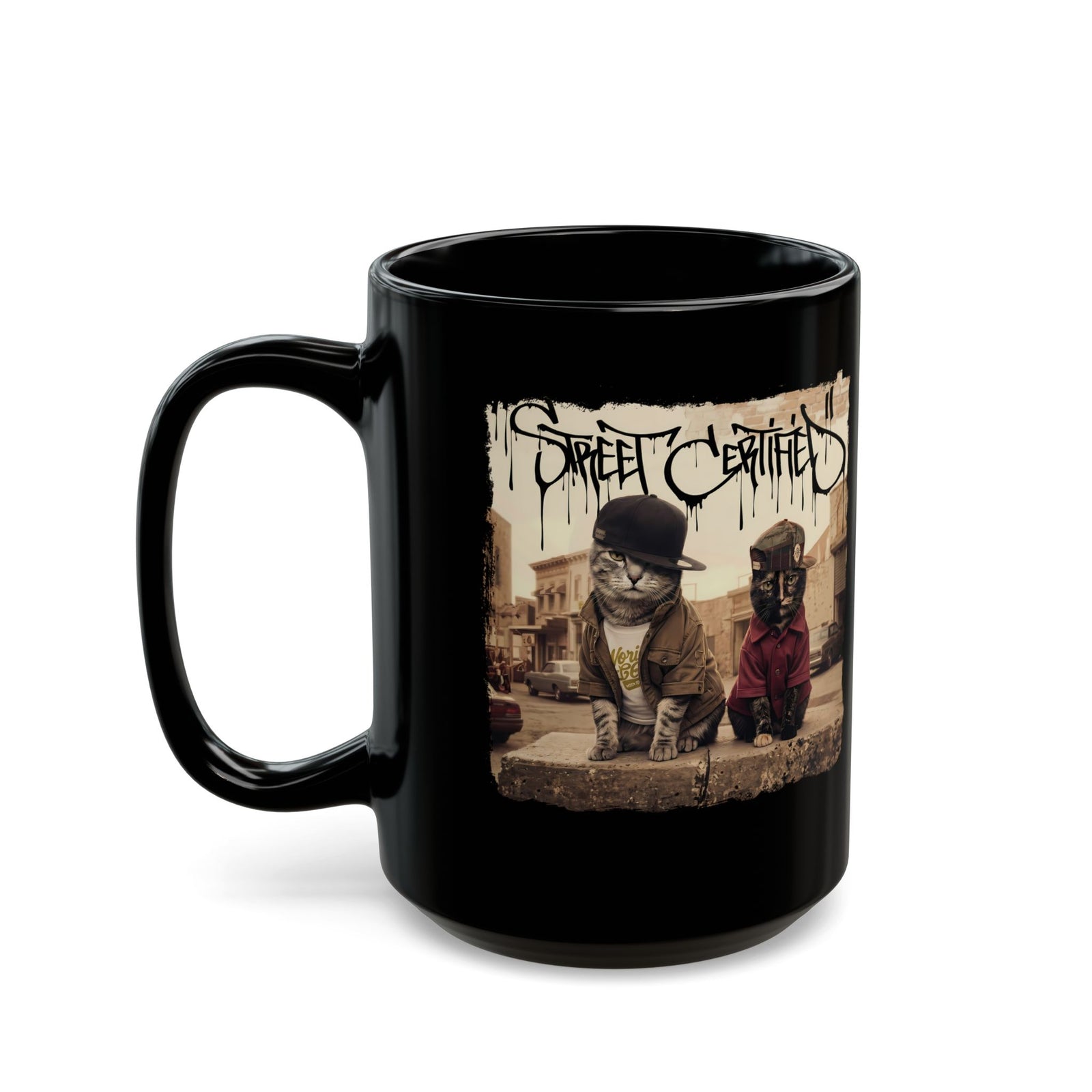 Funny Streetwear Cats "Street Certified" Retro Graphic Mug
