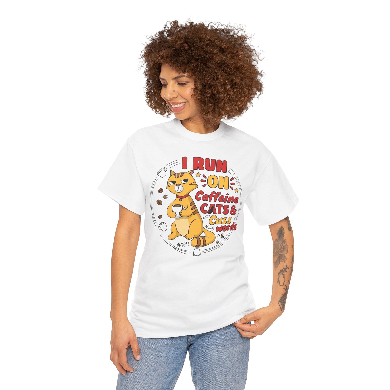 Caffeine, Cats & Cuss Words Tee Funny Cat Lover Coffee Shirt