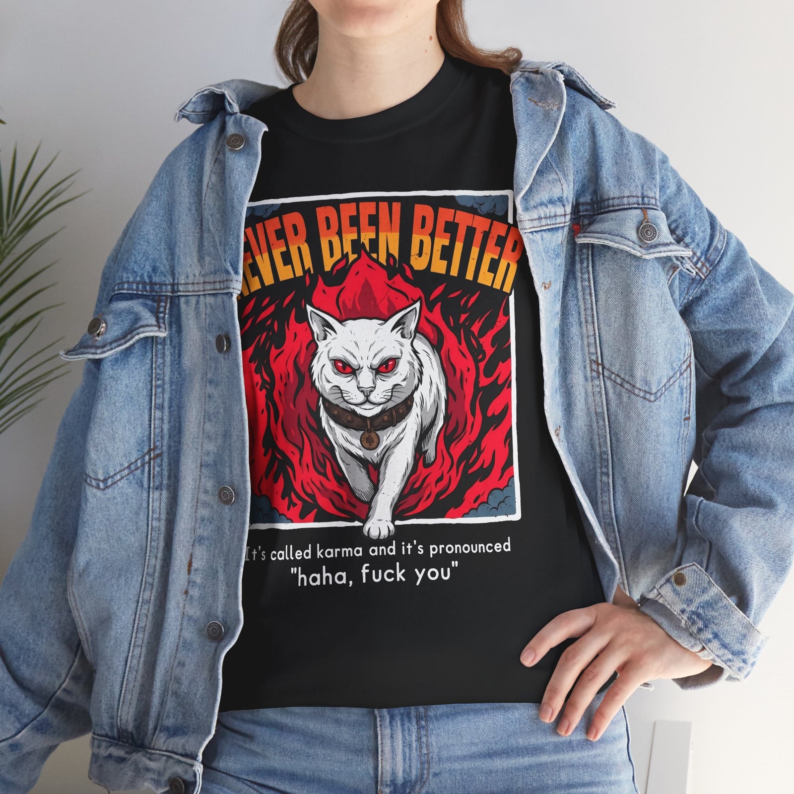 Never Been Better Karma Cat T-Shirt — Edgy Fiery Evil White Cat Tee