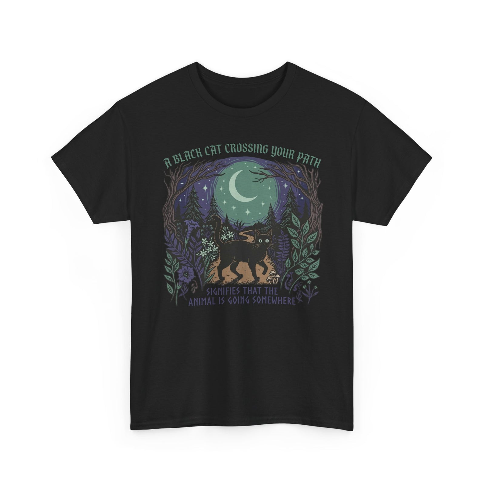 Black Cat Crossing Your Path Tee — Whimsical Moonlit Forest Cat Shirt