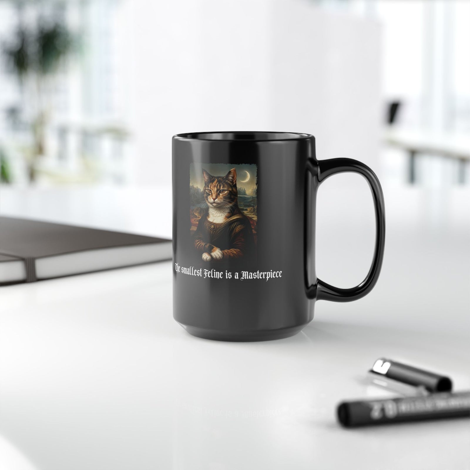 Funny Cat Black Mug — "The Smallest Feline Is a Masterpiece"