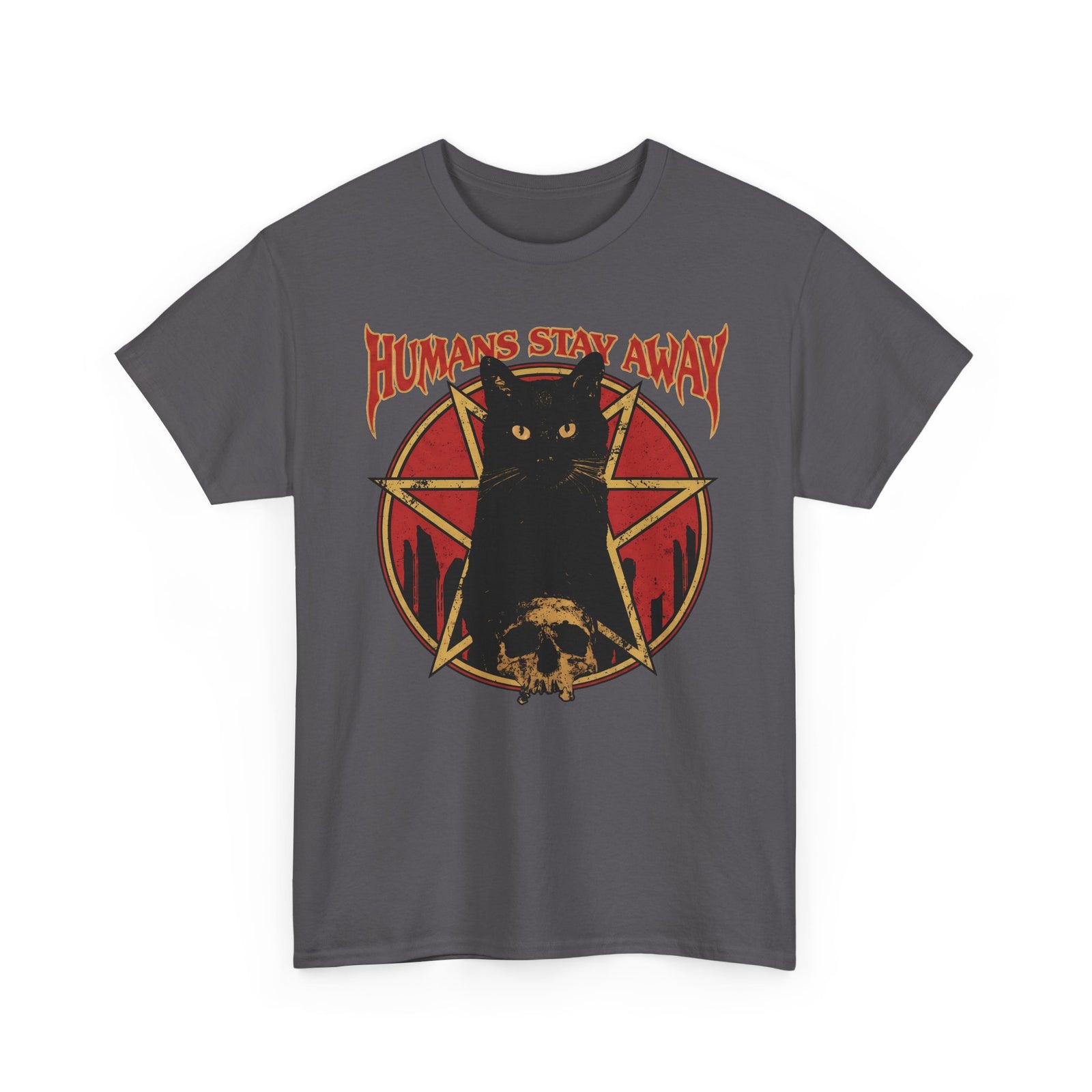 Humans Stay Away Black Cat T-Shirt — Heavy Metal Occult Pentagram Tee