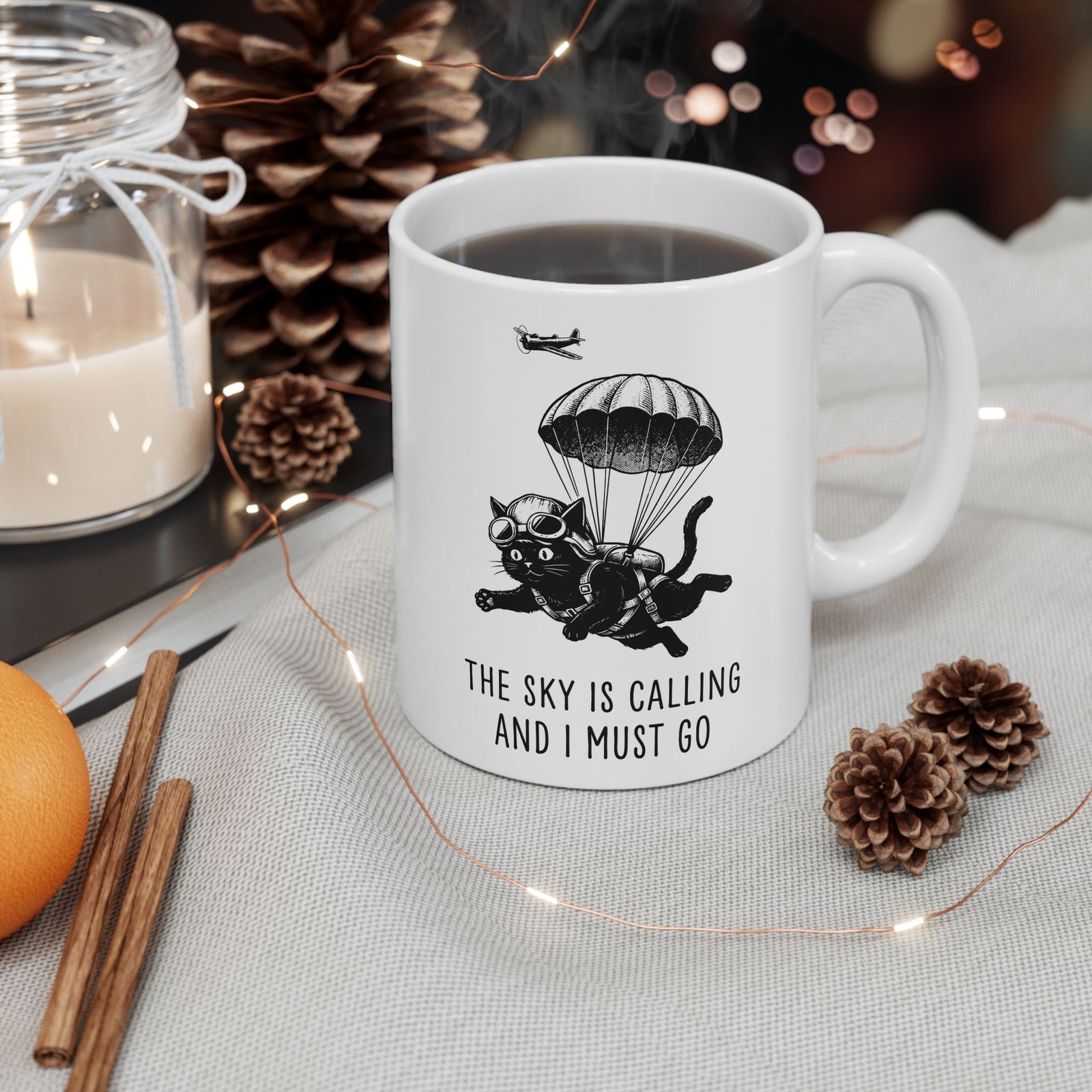 The Sky Is Calling And I Must Go Ceramic Mug — Funny Parachuting Black Cat Mug