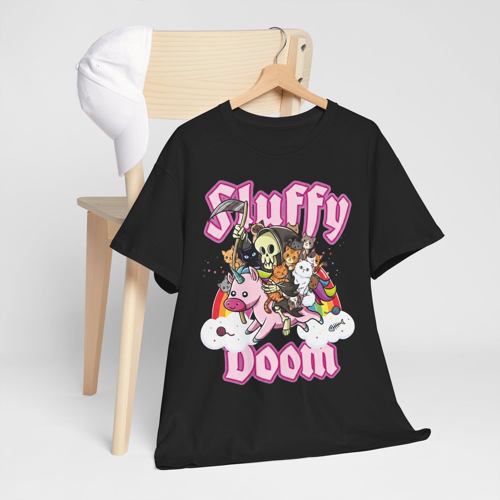 Sluffy Doom Grim Reaper Riding Unicorn T-Shirt — Pastel Goth Cat Tee