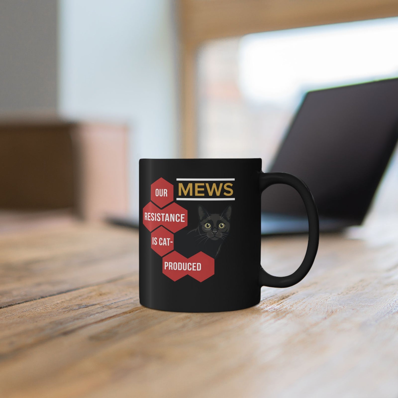 Mews Resistance Is Cat-Produced Mug — Funny Cat Protest Graphic Black Mug