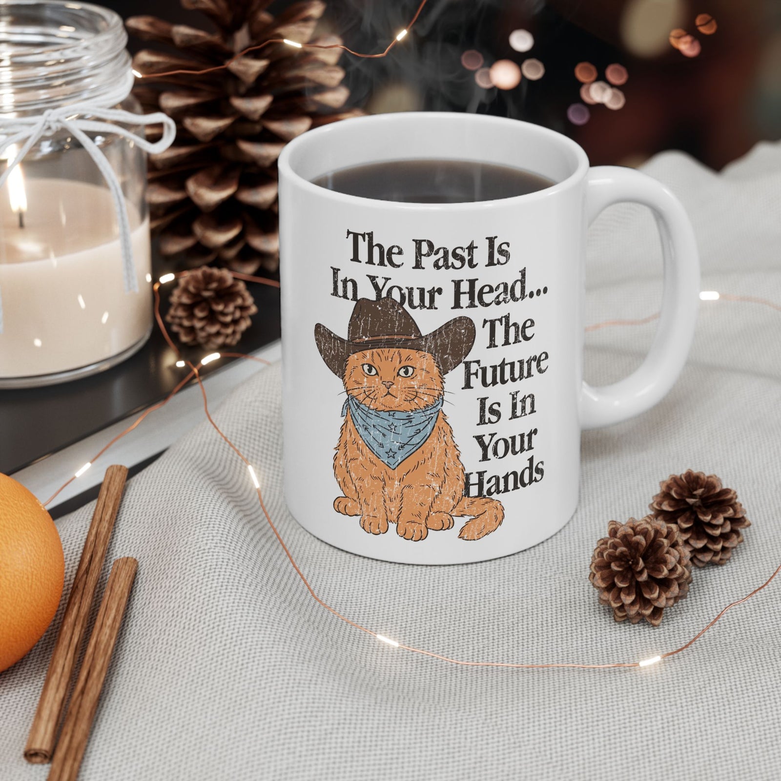 Cowboy Cat Ceramic Mug The Past Is In Your Head, The Future Is In Your Hands