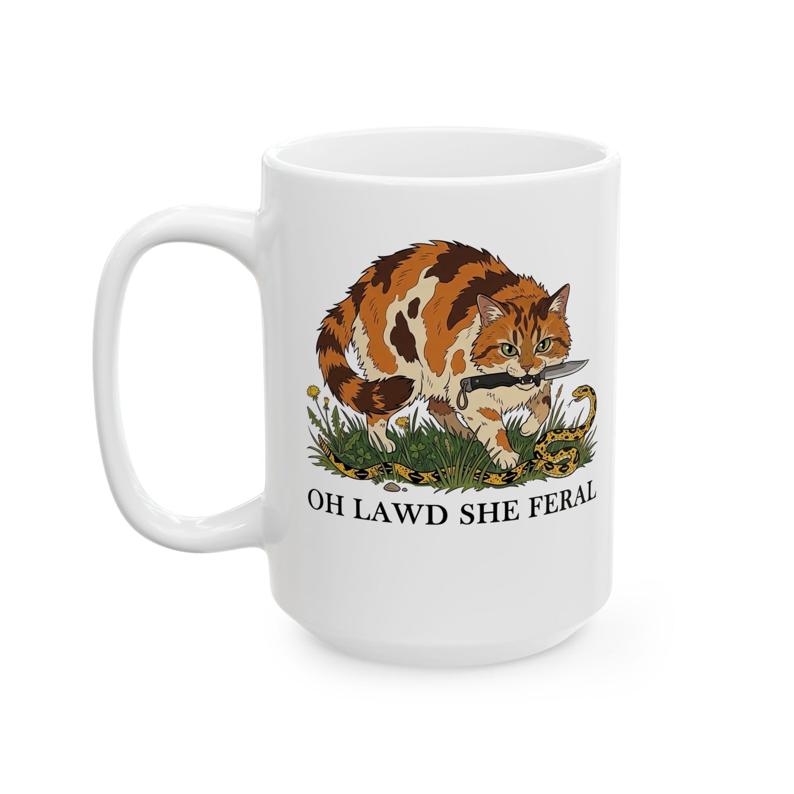 Feral Cats Mug — “Oh Lawd She Feral Cats!” Graphic Ceramic Mug