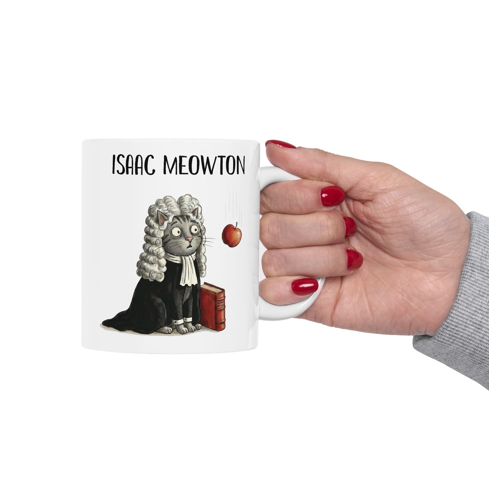 Isaac Meowton Ceramic Mug — Funny Science Pun Cat Gravity Graphic Mug