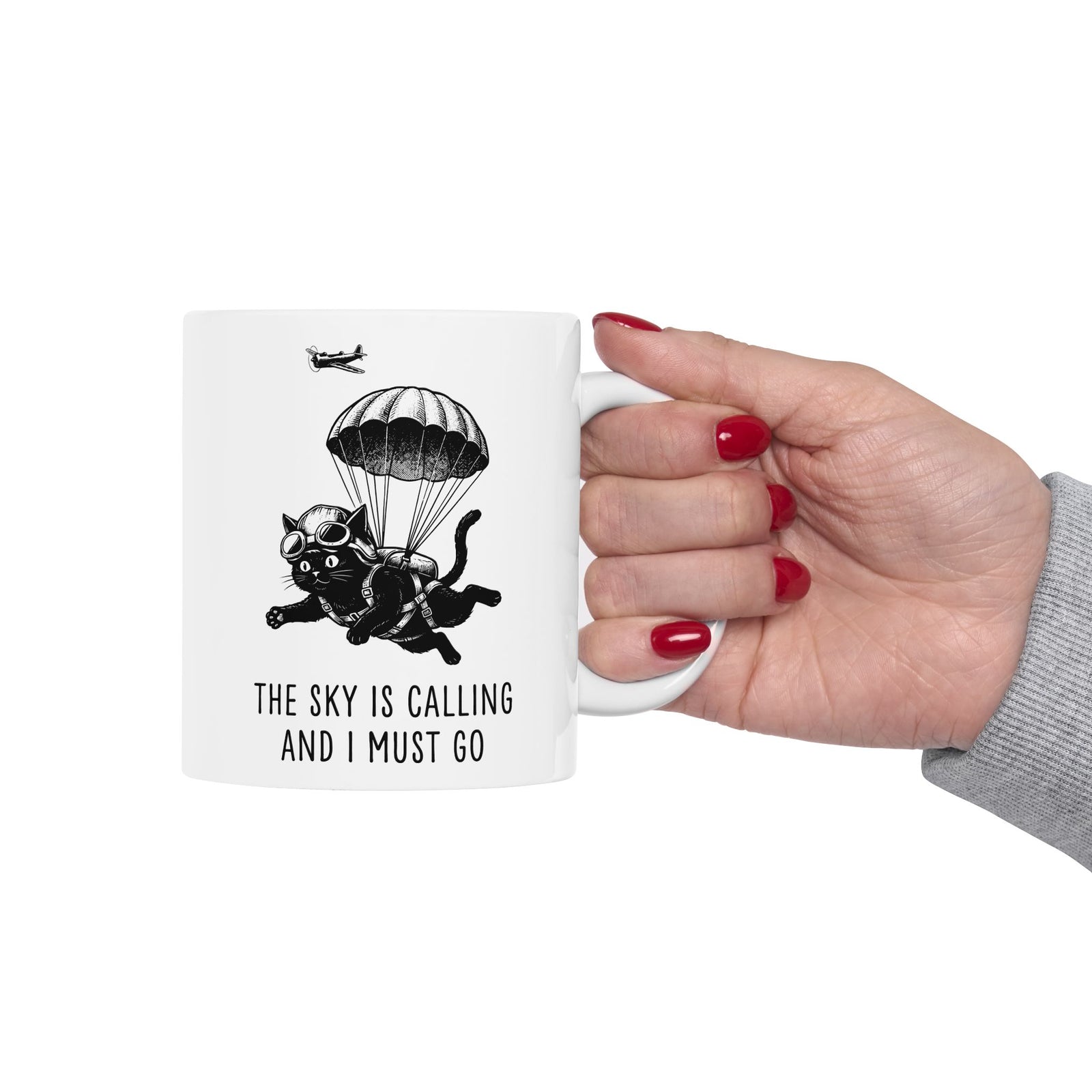 The Sky Is Calling And I Must Go Ceramic Mug — Funny Parachuting Black Cat Mug