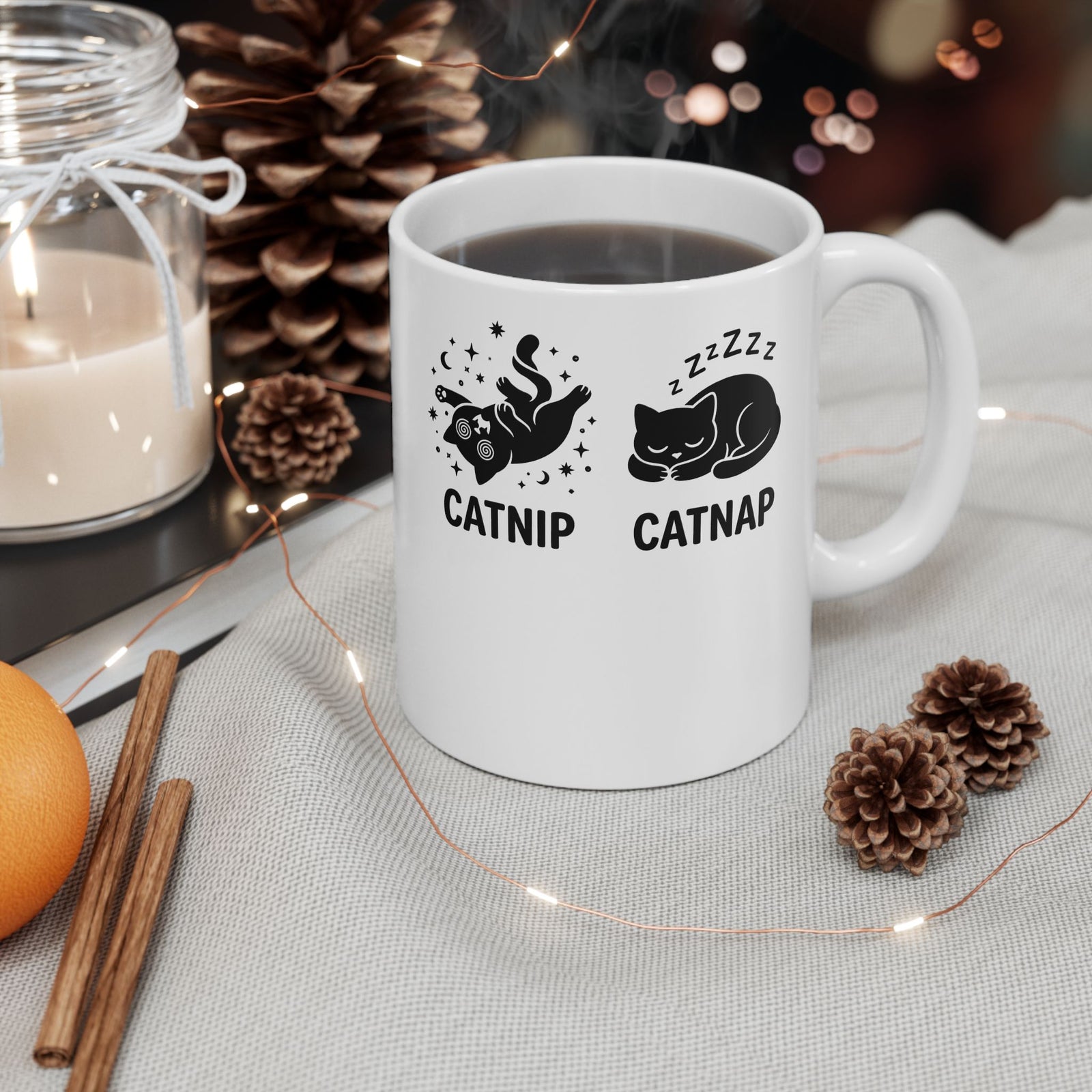 Catnip Catnap Cat Ceramic Mug — Cute Cat Nap Graphic Mug