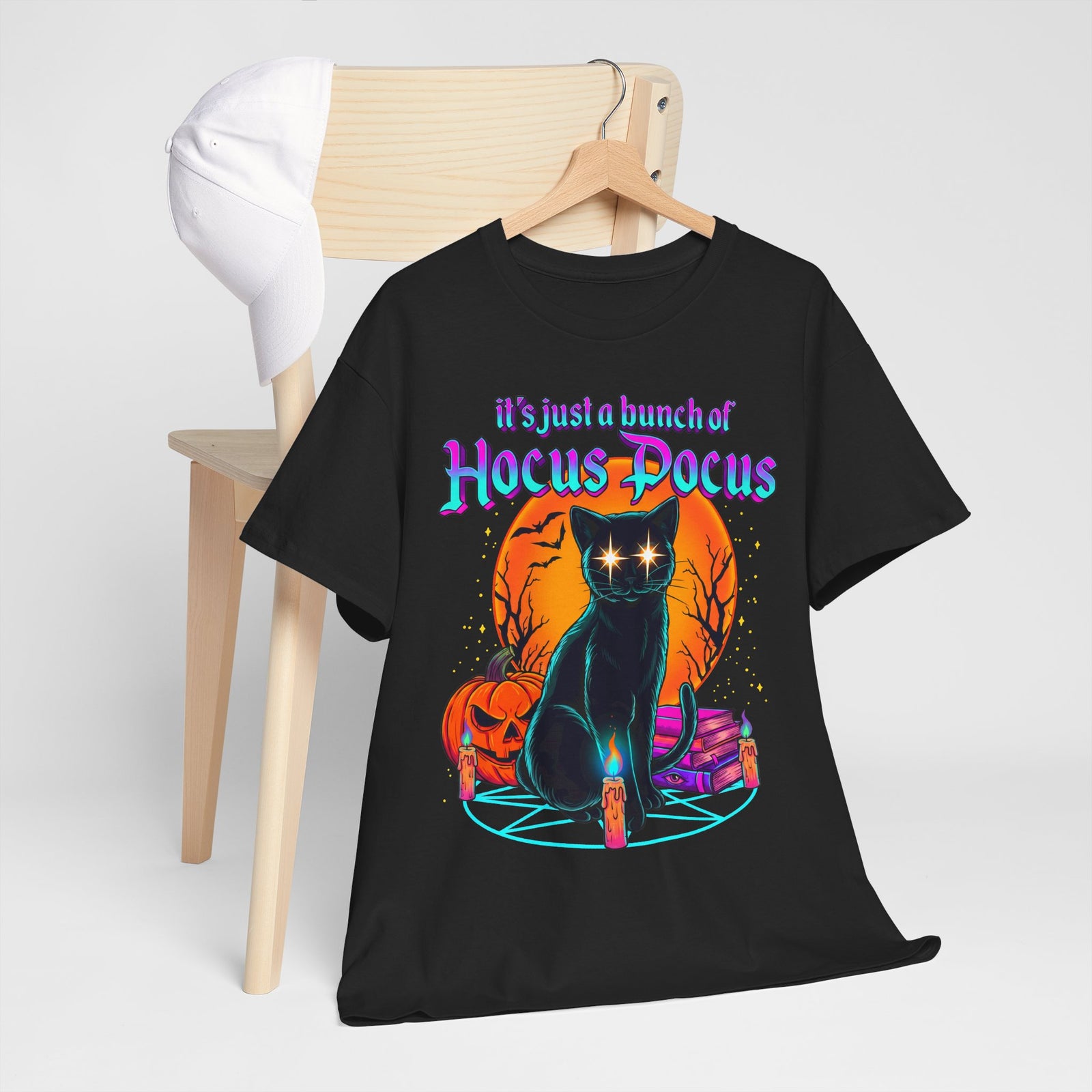 It's Just A Bunch Of Hocus Pocus Black Cat T-Shirt — Witchy Halloween Magic Tee