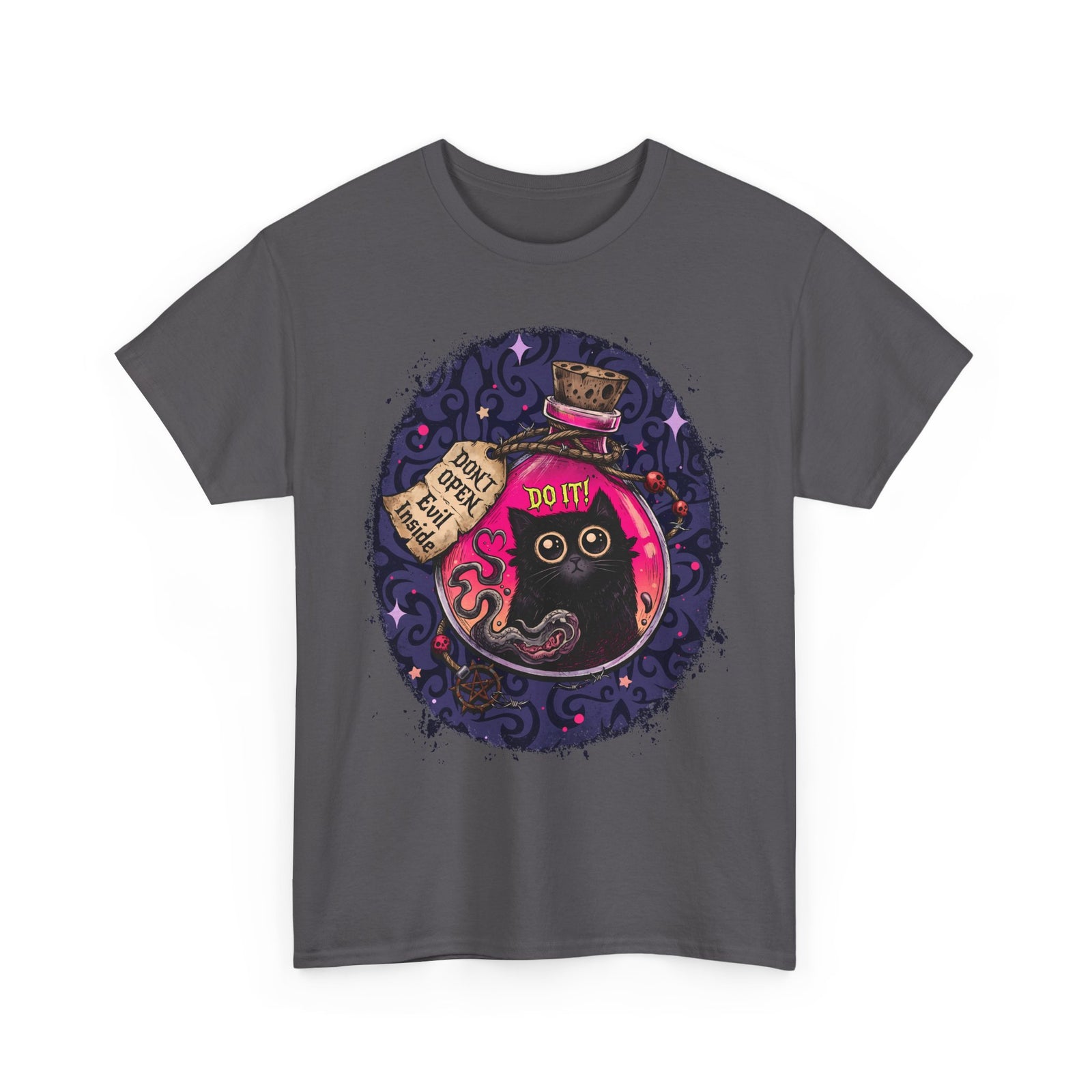 Don't Open Evil Inside Potion Cat T-Shirt — Creepy Cute Black Cat Tee