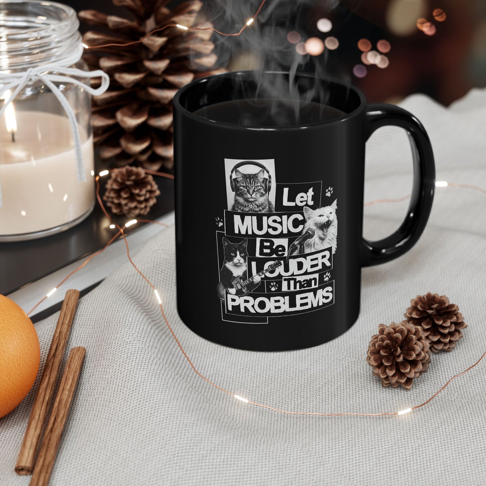 Let Music Be Louder Than Problems Black Mug — Funny Grunge Rock Cat Band Mug